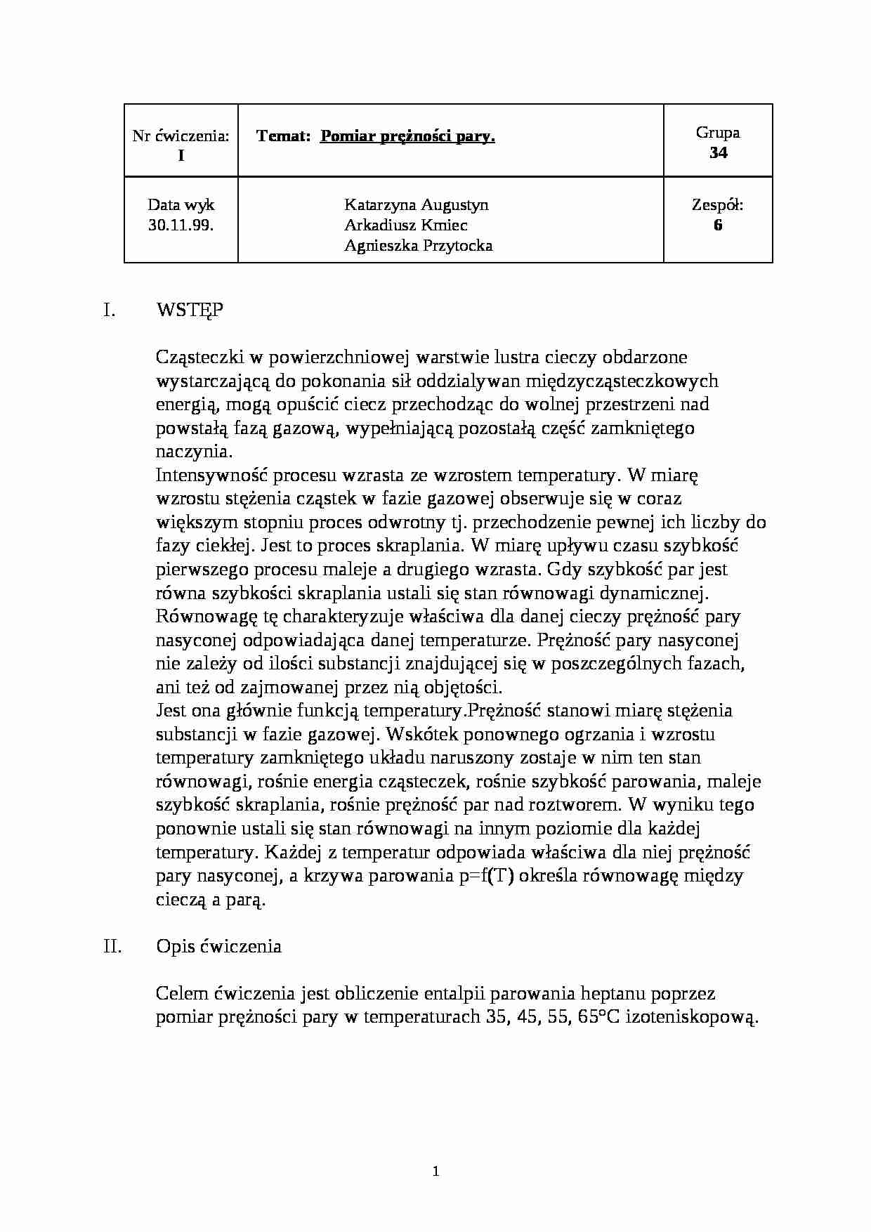 Pomiar prężności pary - ćwiczenie - strona 1