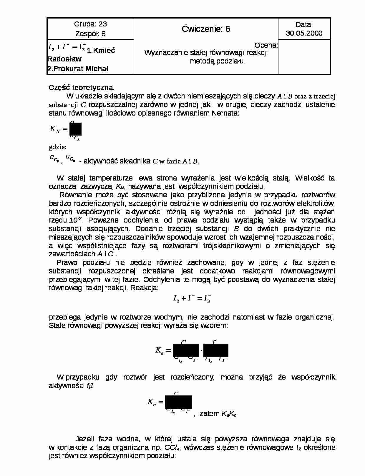 Wyznaczanie stałej równowagi reakcji metodą podziału. - strona 1