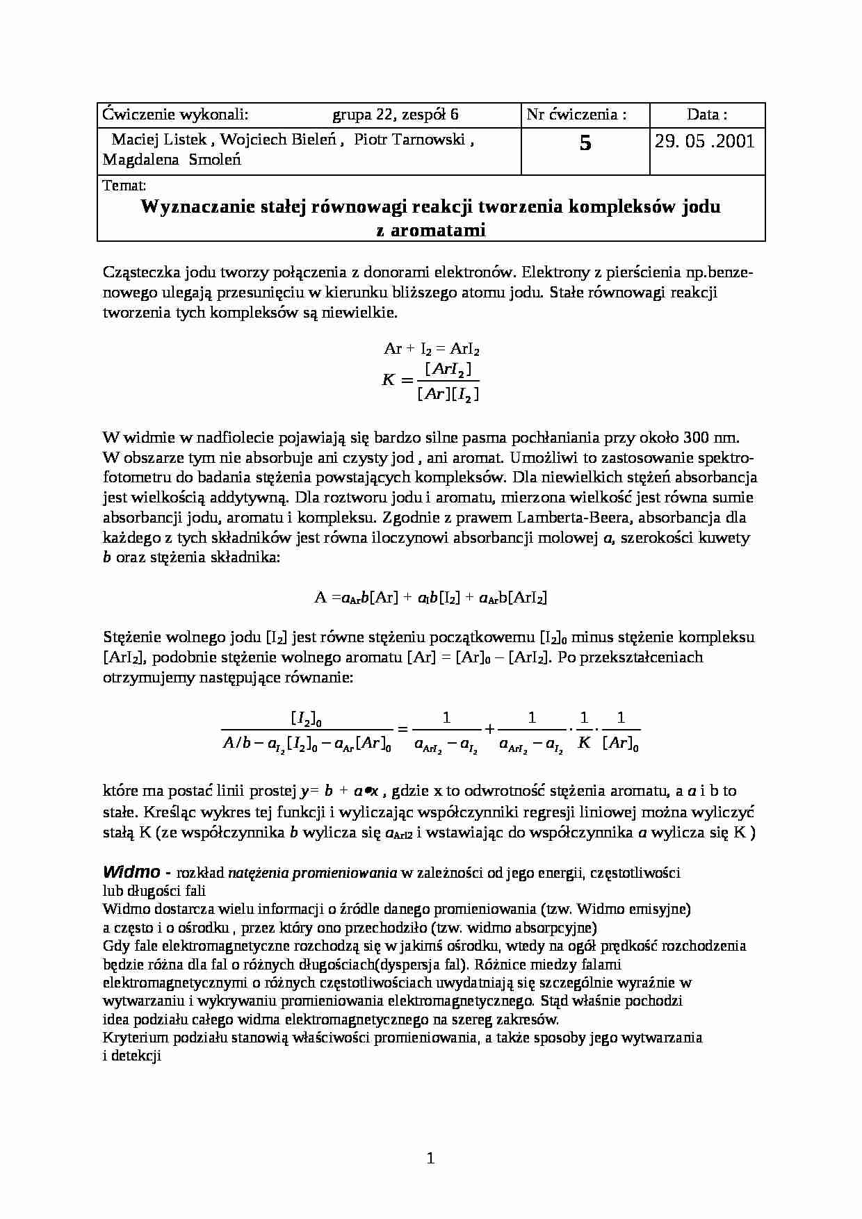 Wyznaczanie stałej równowagi reakcji tworzenia kompleksów jodu - omówienie - strona 1