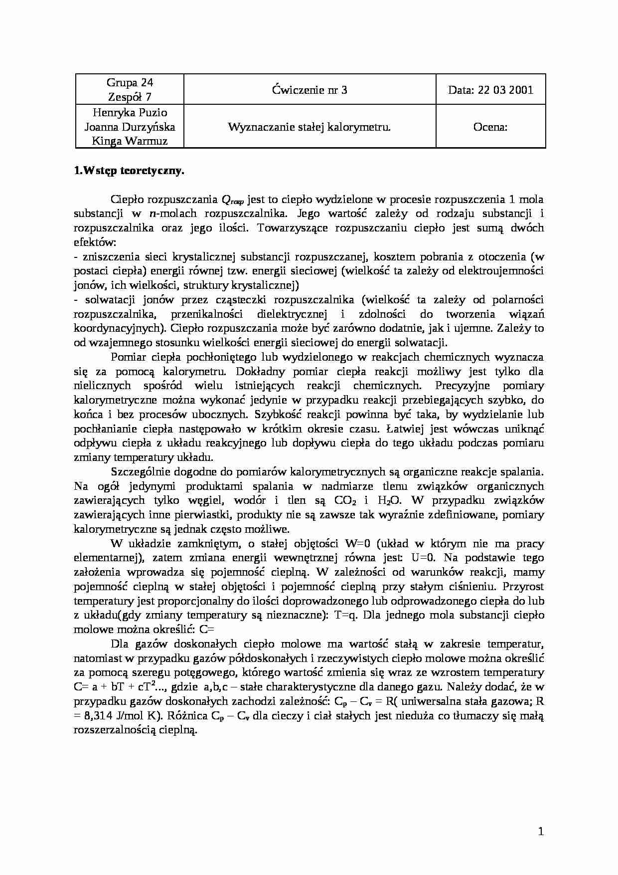 Kalorymetria - ćwiczenie - strona 1