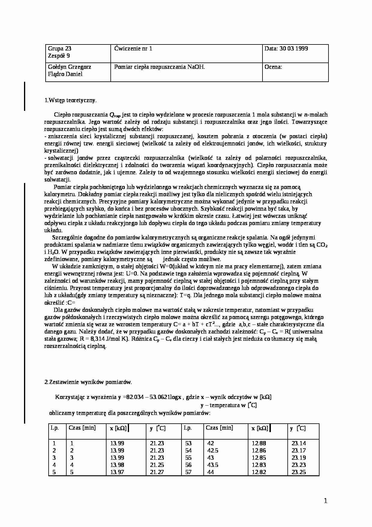 Kalorymetria - ćwiczenie - Ciepło rozpuszczania - strona 1