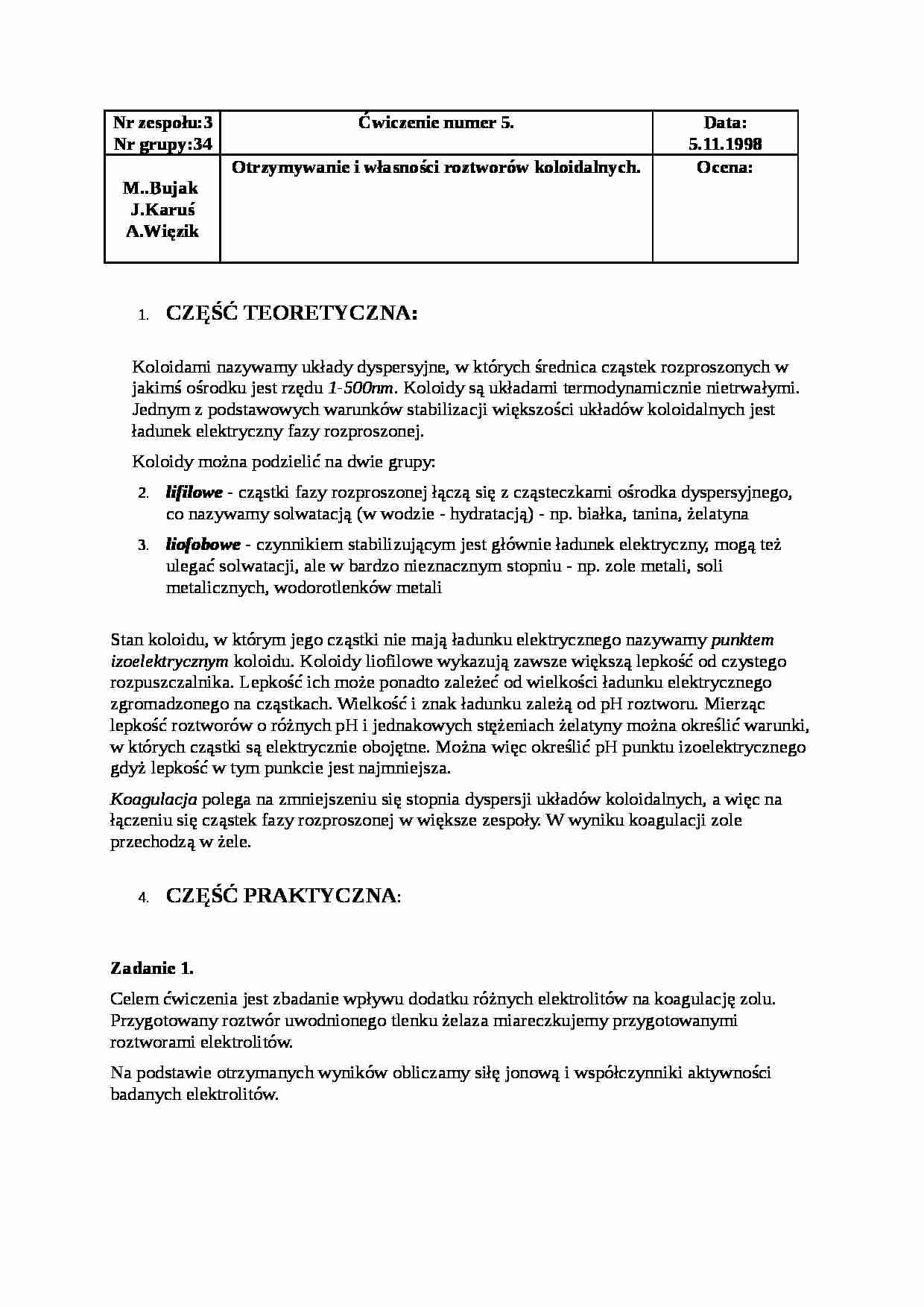Otrzymywanie i własności roztworów koloidalnych - ćwiczenia - strona 1