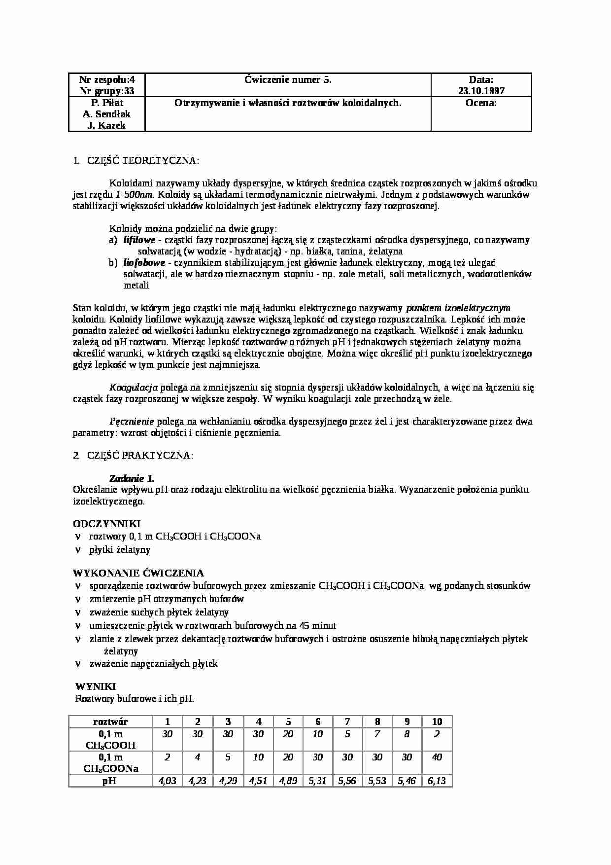 Otrzymywanie i własności roztworów koloidalnych - ćwiczenie - strona 1