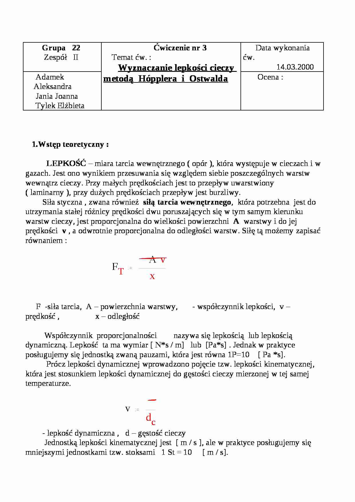 Wyznaczanie lepkości cieczy metodą Hópplera - ćwiczenie - strona 1