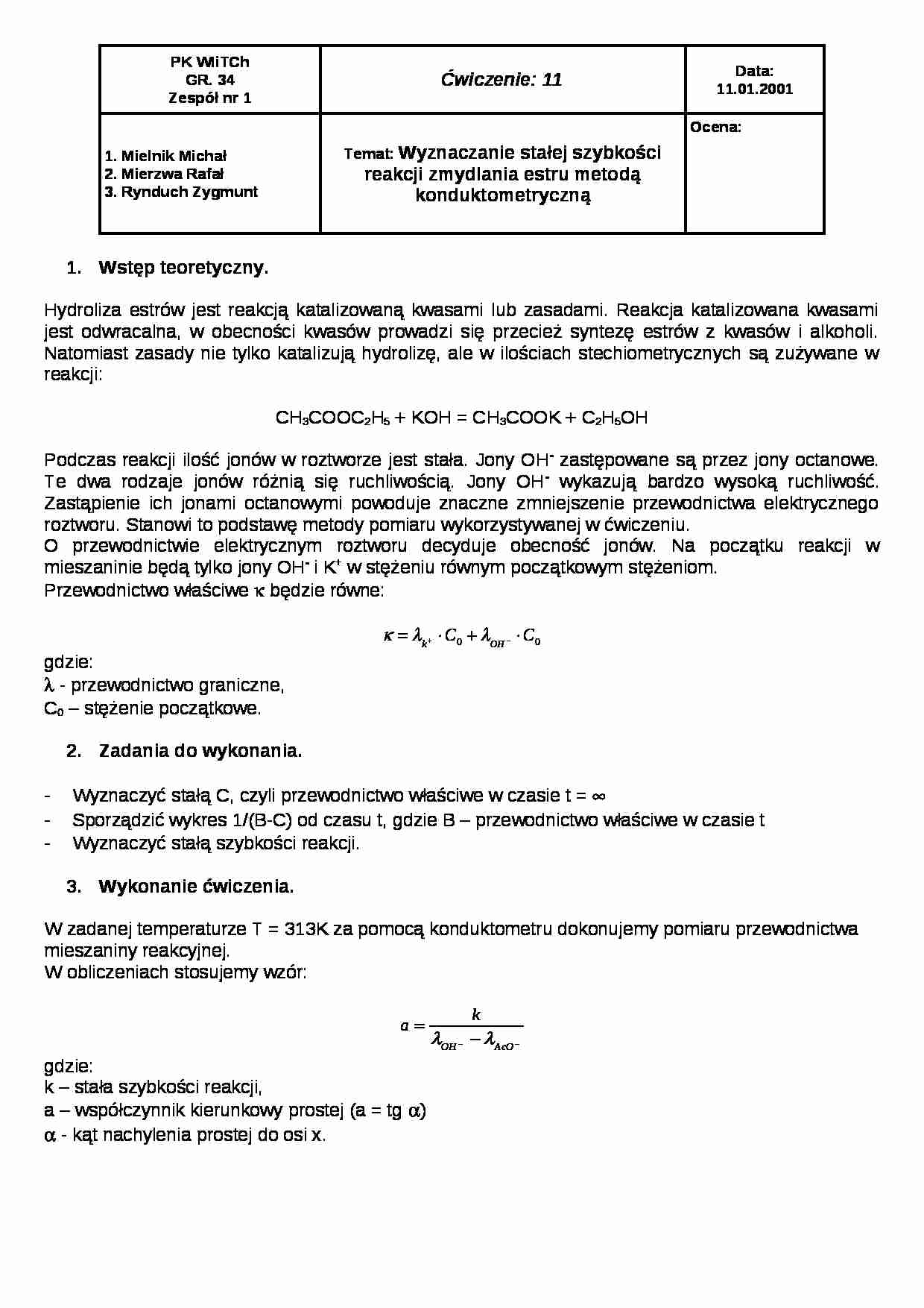 Wyznaczanie stałej szybkości reakcji zmydlania estru - ćwiczenia - strona 1