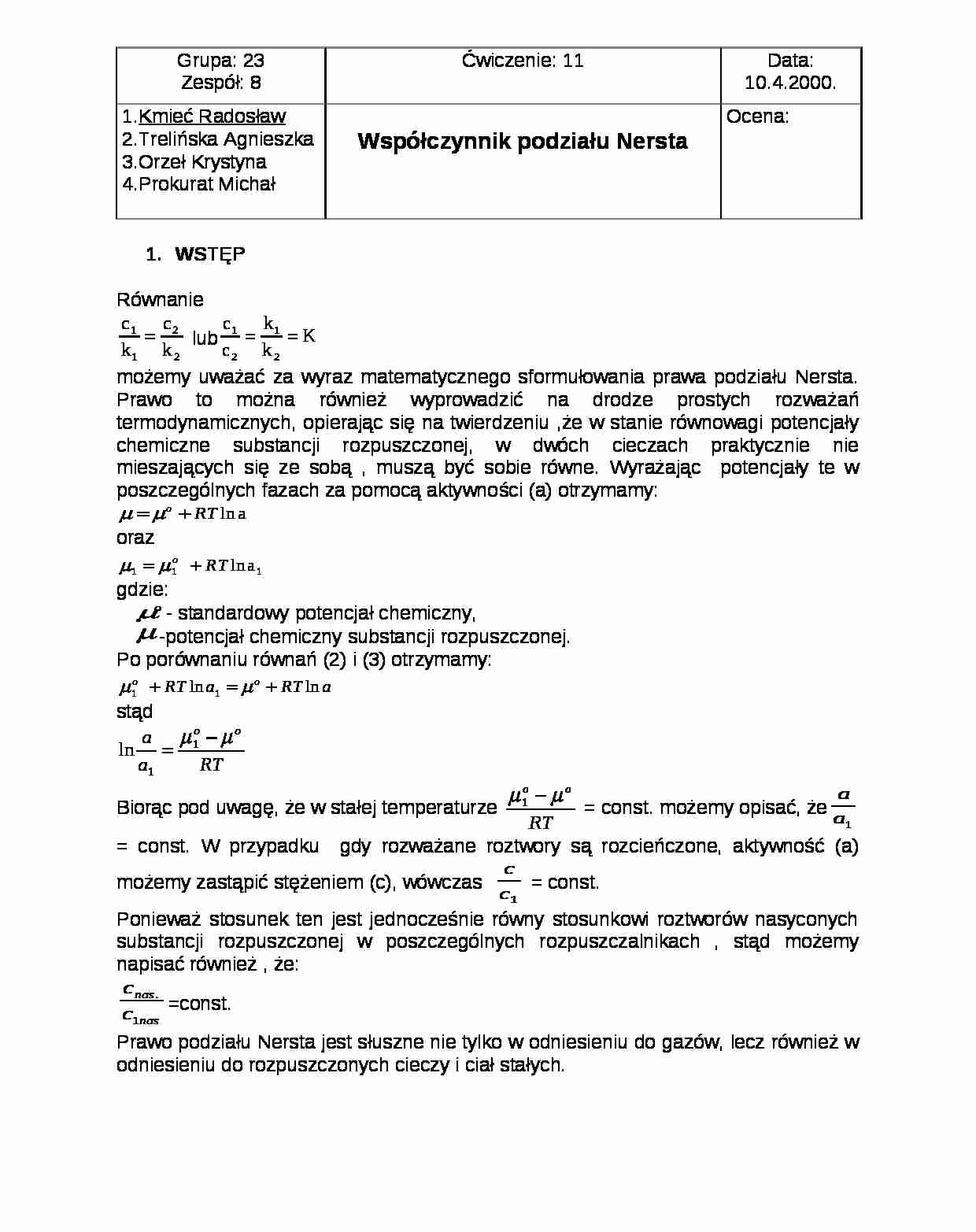 Współczynnik podziału Nersta - ćwiczenia - strona 1