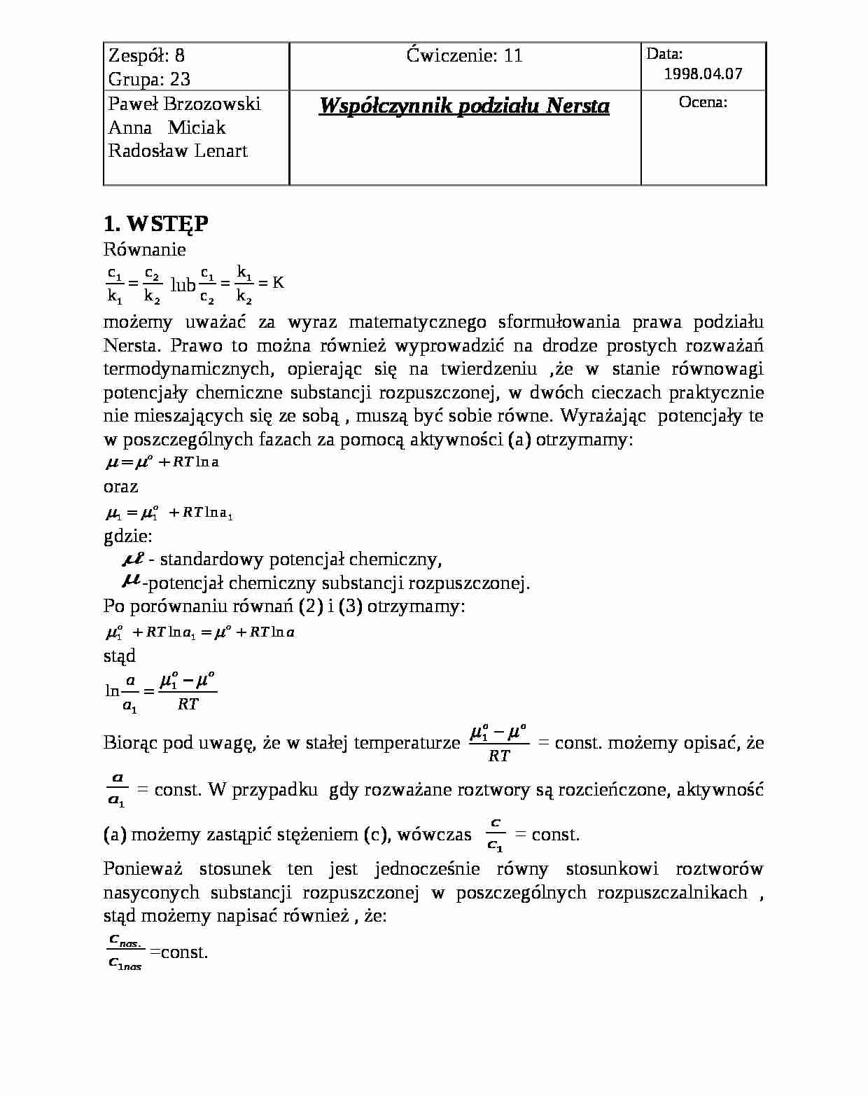 Współczynnik podziału Nersta - ćwiczenia - strona 1