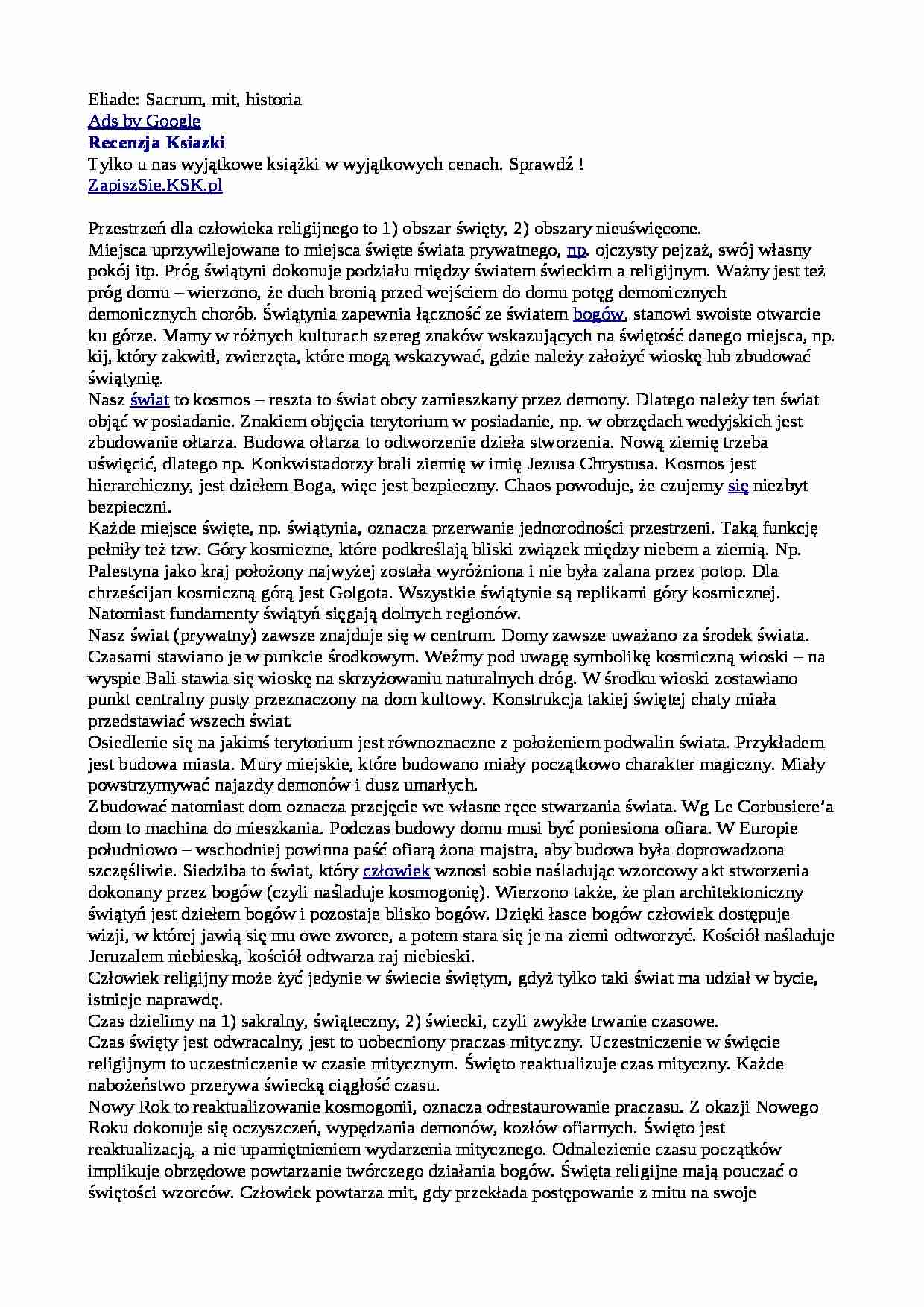 Eliade sacrum, mit - omówienie - strona 1