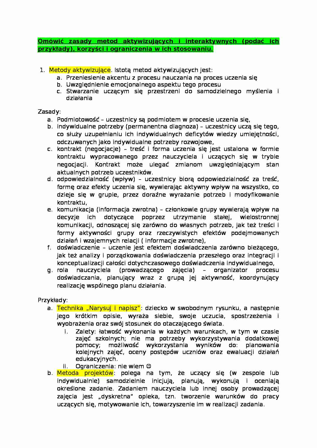 zasady metod aktywizujących  - omówienie - strona 1