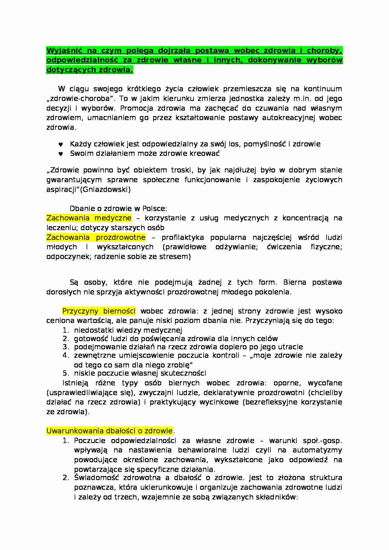 dojrzała postawa wobec zdrowia i choroby - omówienie - strona 1