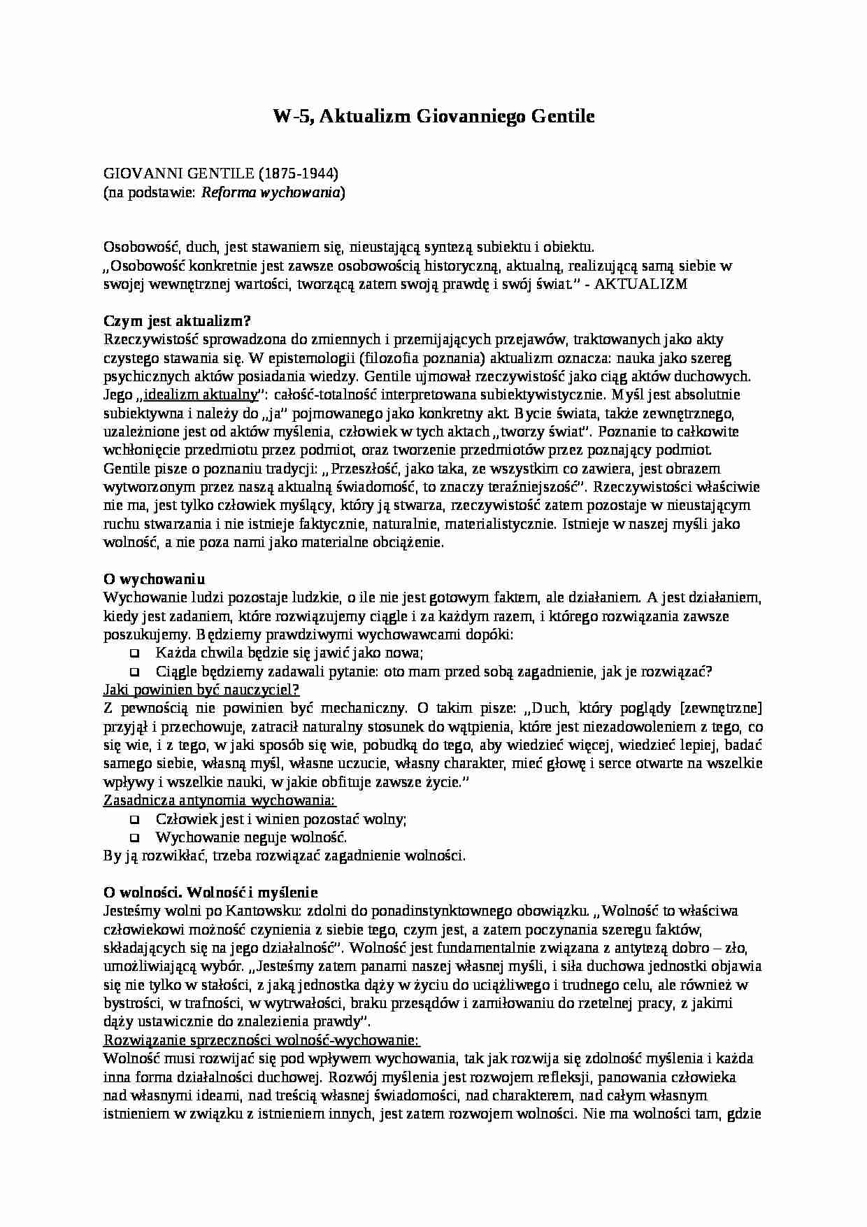 Aktualizm Giovanniego Gentile - omówienie - strona 1