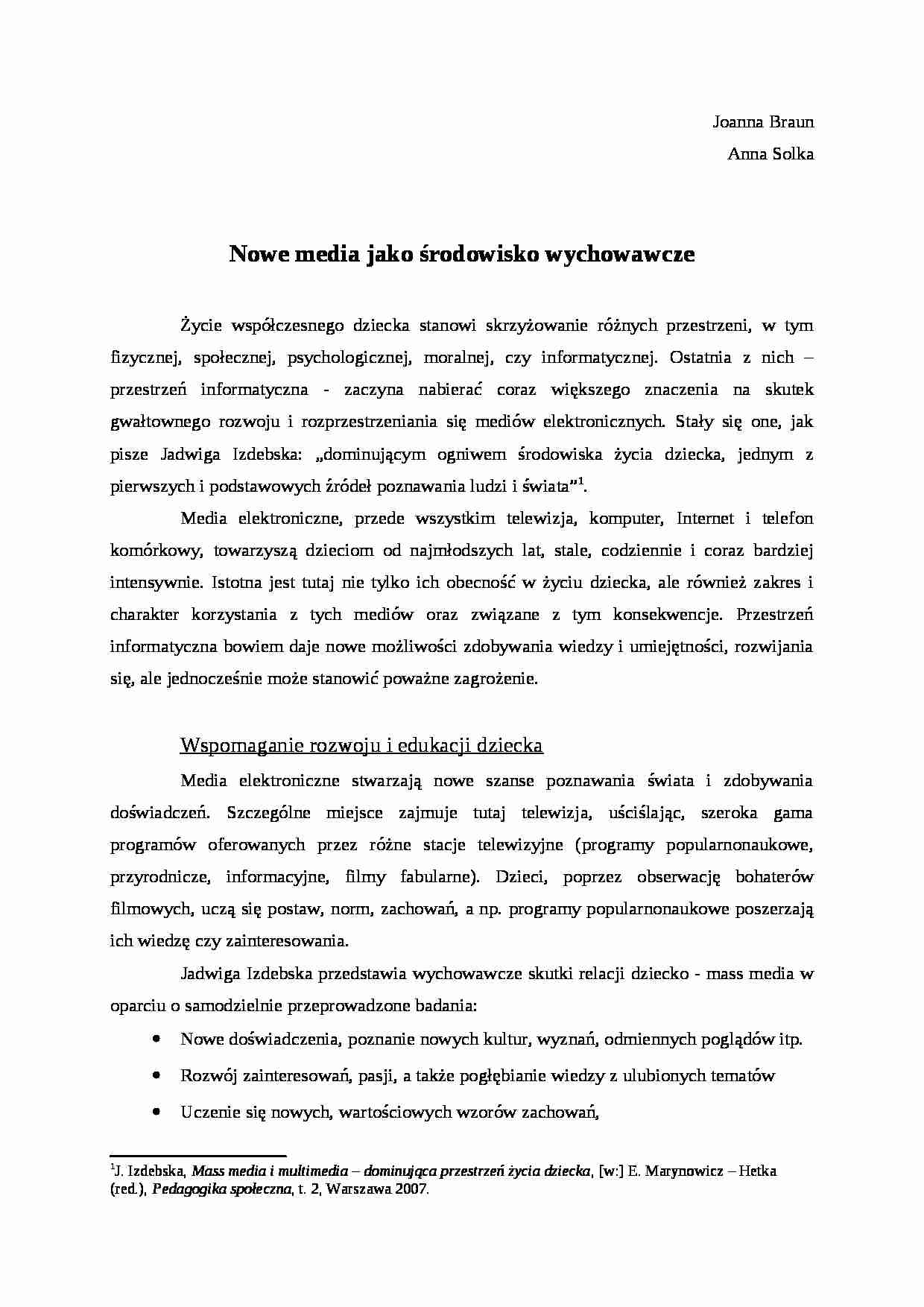 Nowe media jako środowisko wychowawcze - referat - strona 1