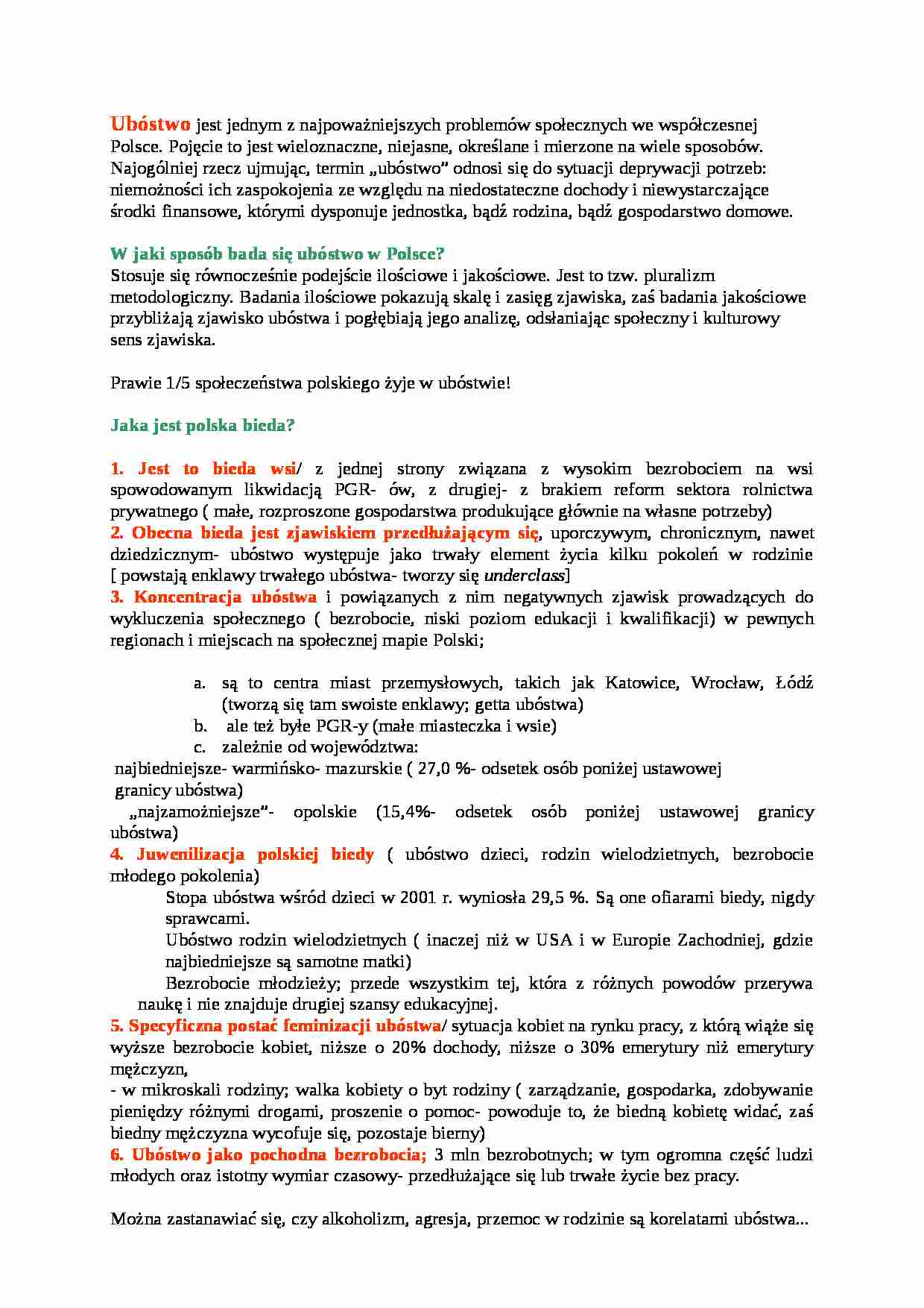 Ubóstwo w Polsce, miary ubóstwa - referat - strona 1