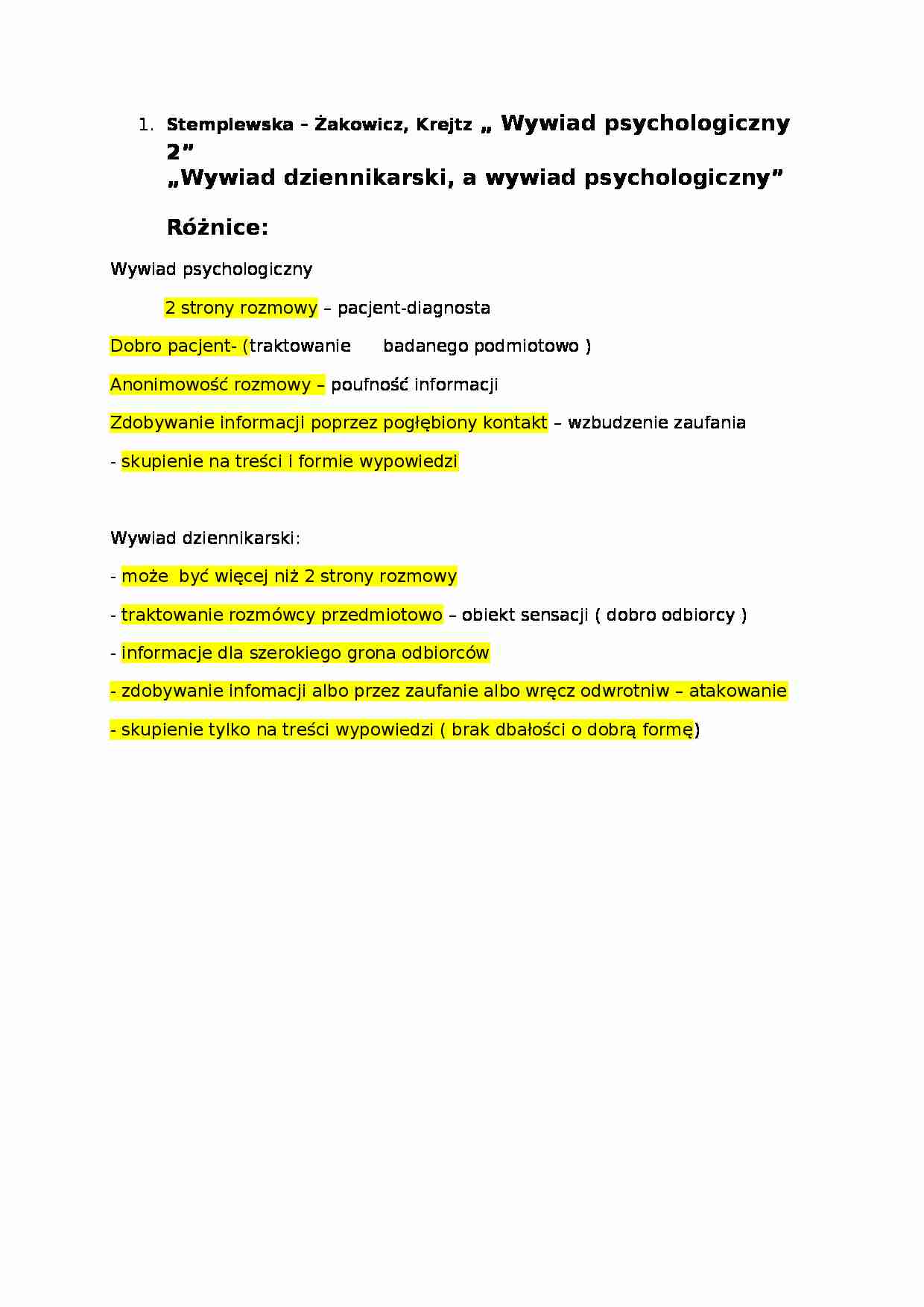 Stemplewska - Żakowicz, Krejtz „ Wywiad psychologiczny 2” - omówienie - strona 1