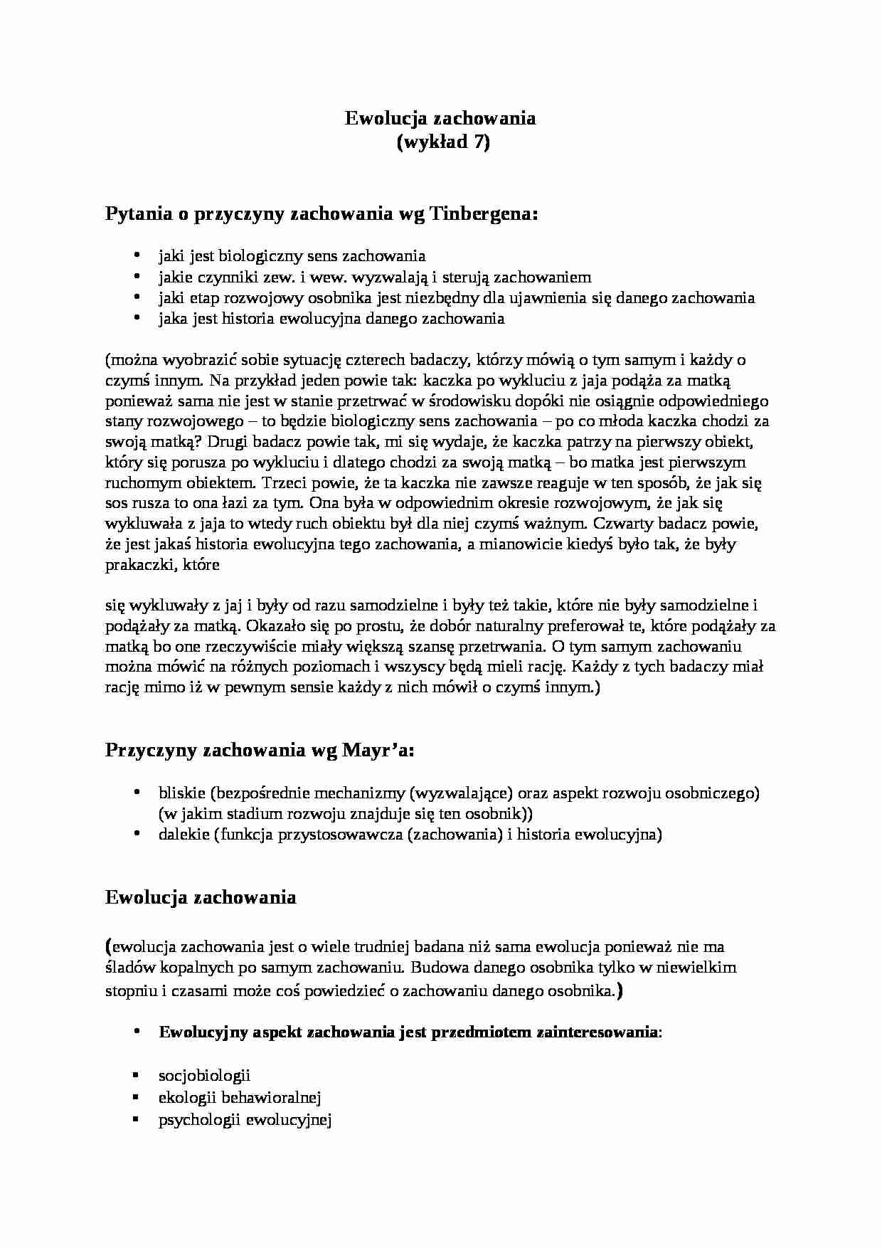 Ewolucja zachowania - wykład 7  - strona 1