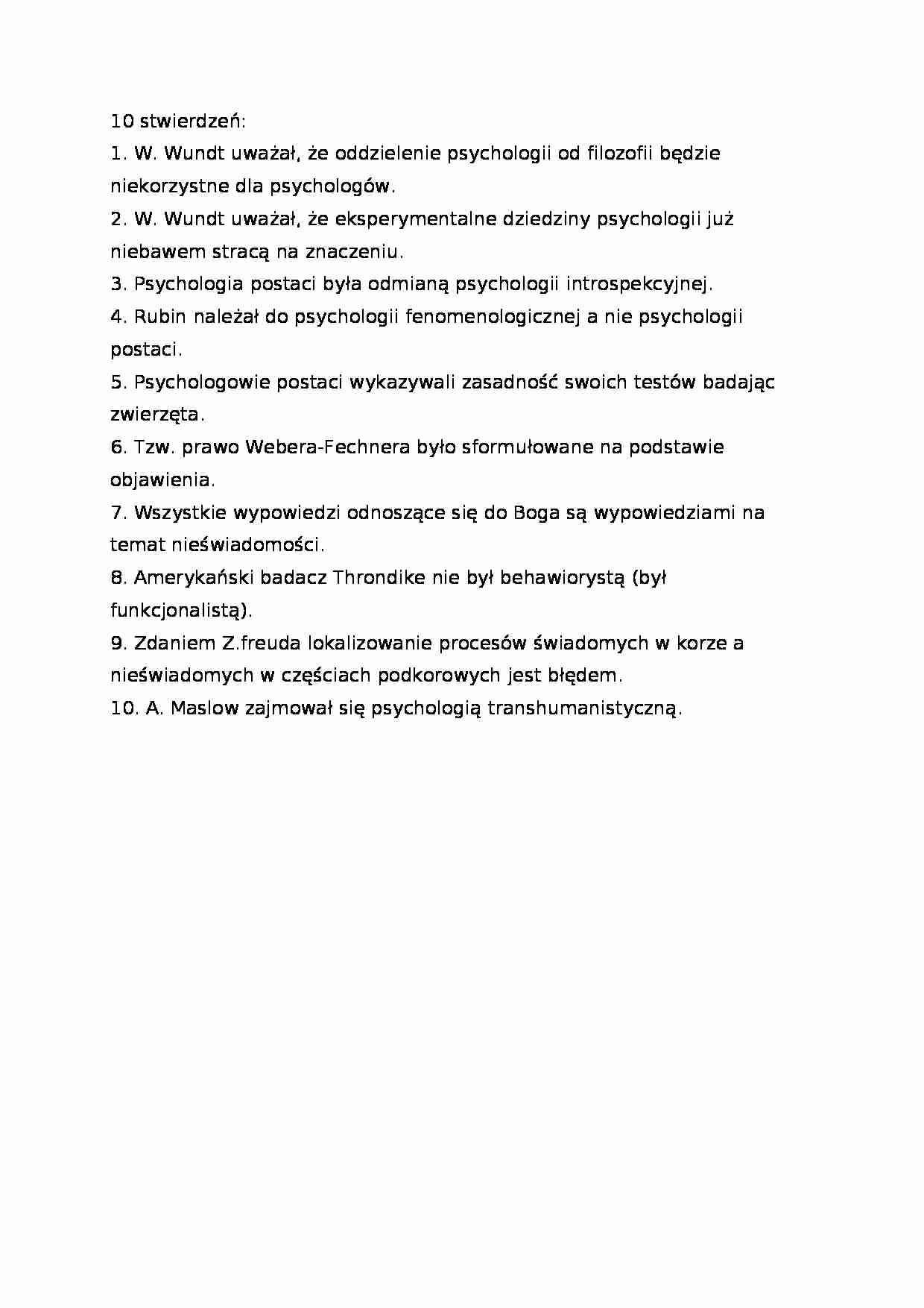Historia myśli psychologicznej - 10 twierdzeń - omówienie - strona 1