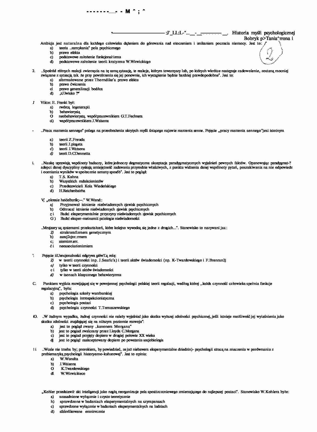 Historia myśli psychologicznej - test - strona 1