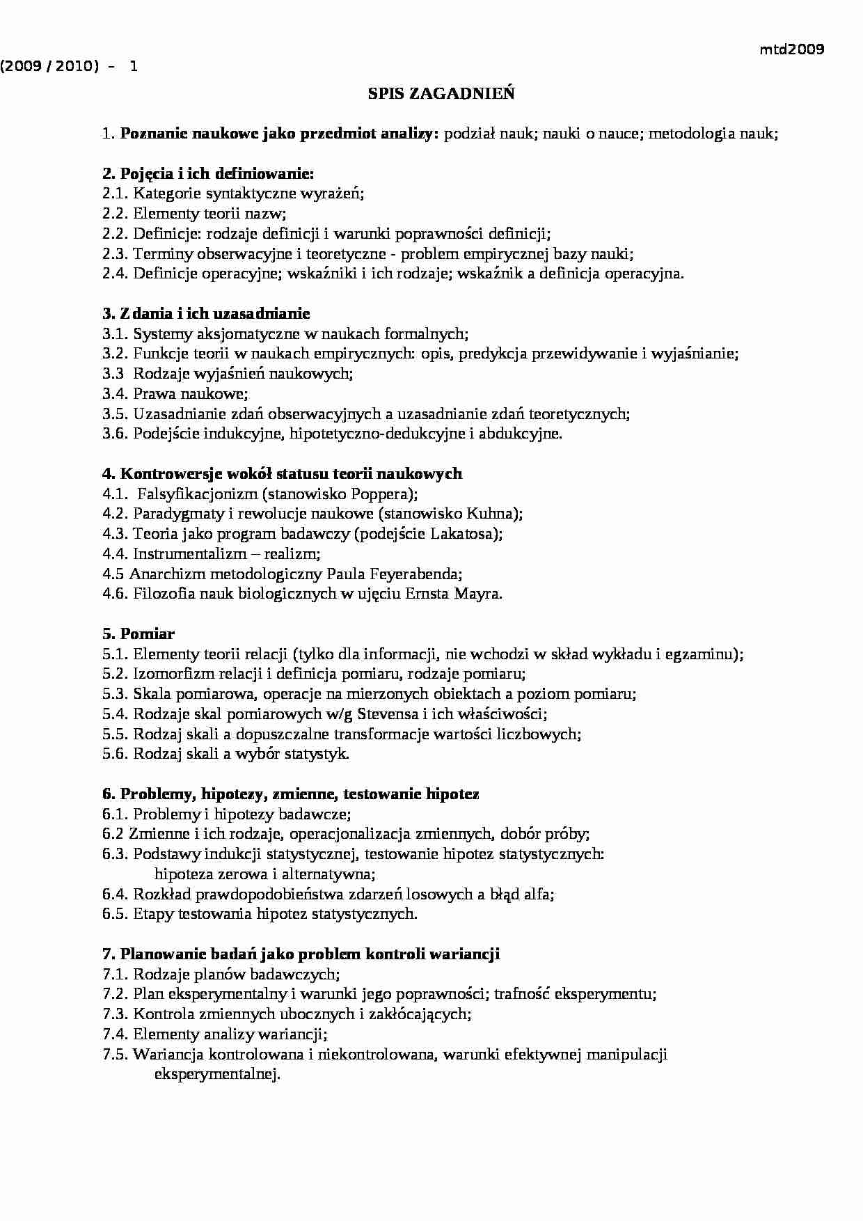 Metodologia - spis zagadnień - strona 1