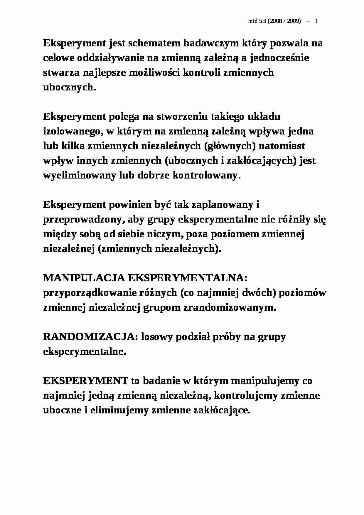 Metodologia - eksperyment - omówienie - strona 1