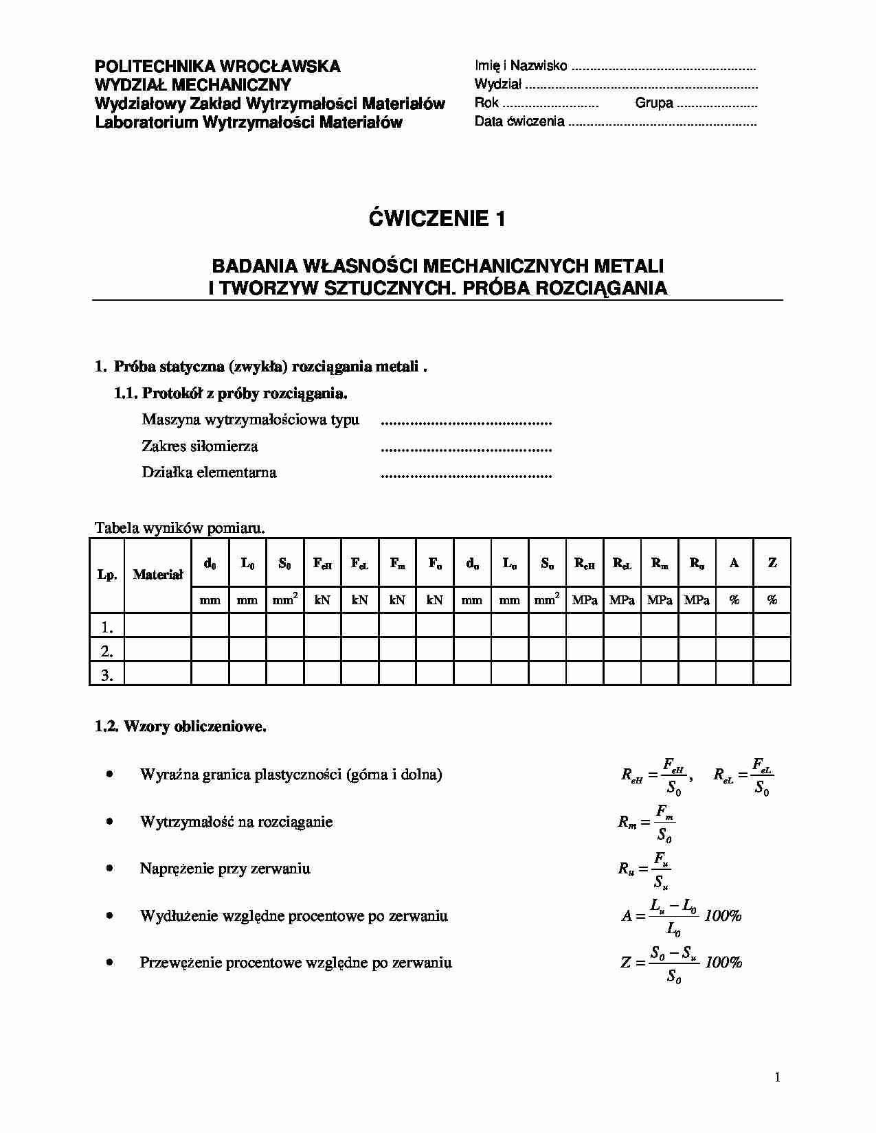 Badania własności mechanicznych metali - sprawozdanie - strona 1