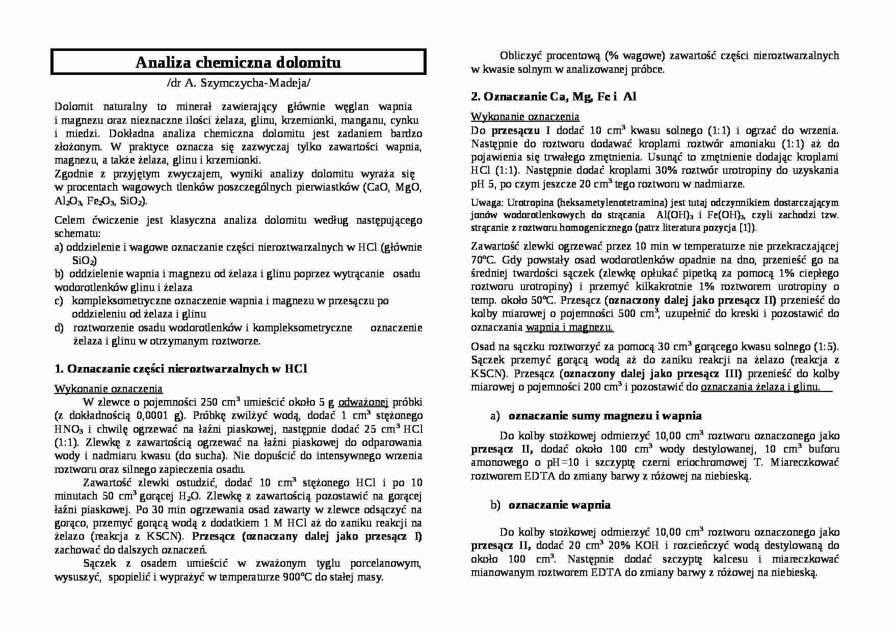 Analiza chemiczna dolomitu - ćwiczenia - strona 1