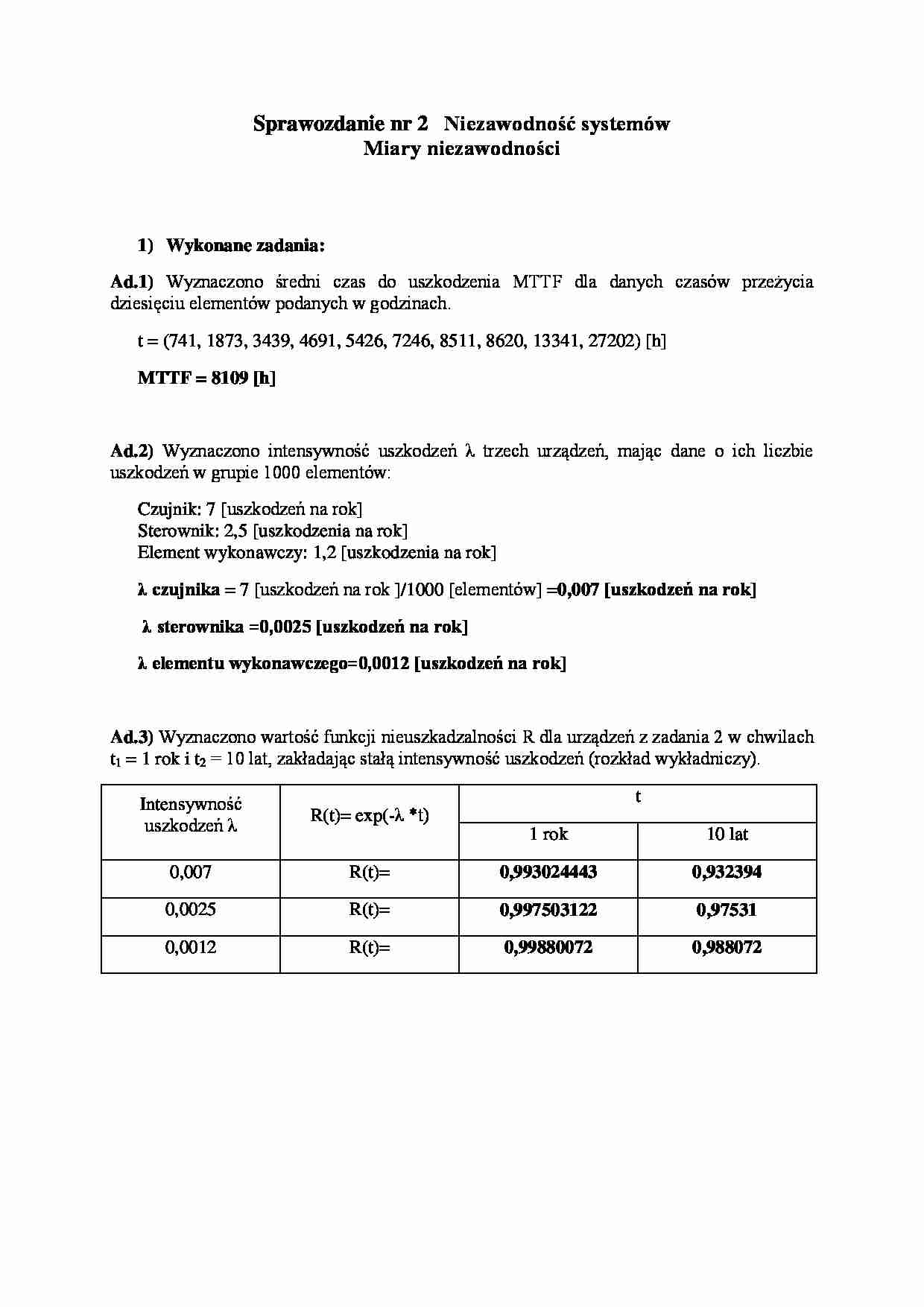  Miary niezawodności - sprawozdanie - strona 1