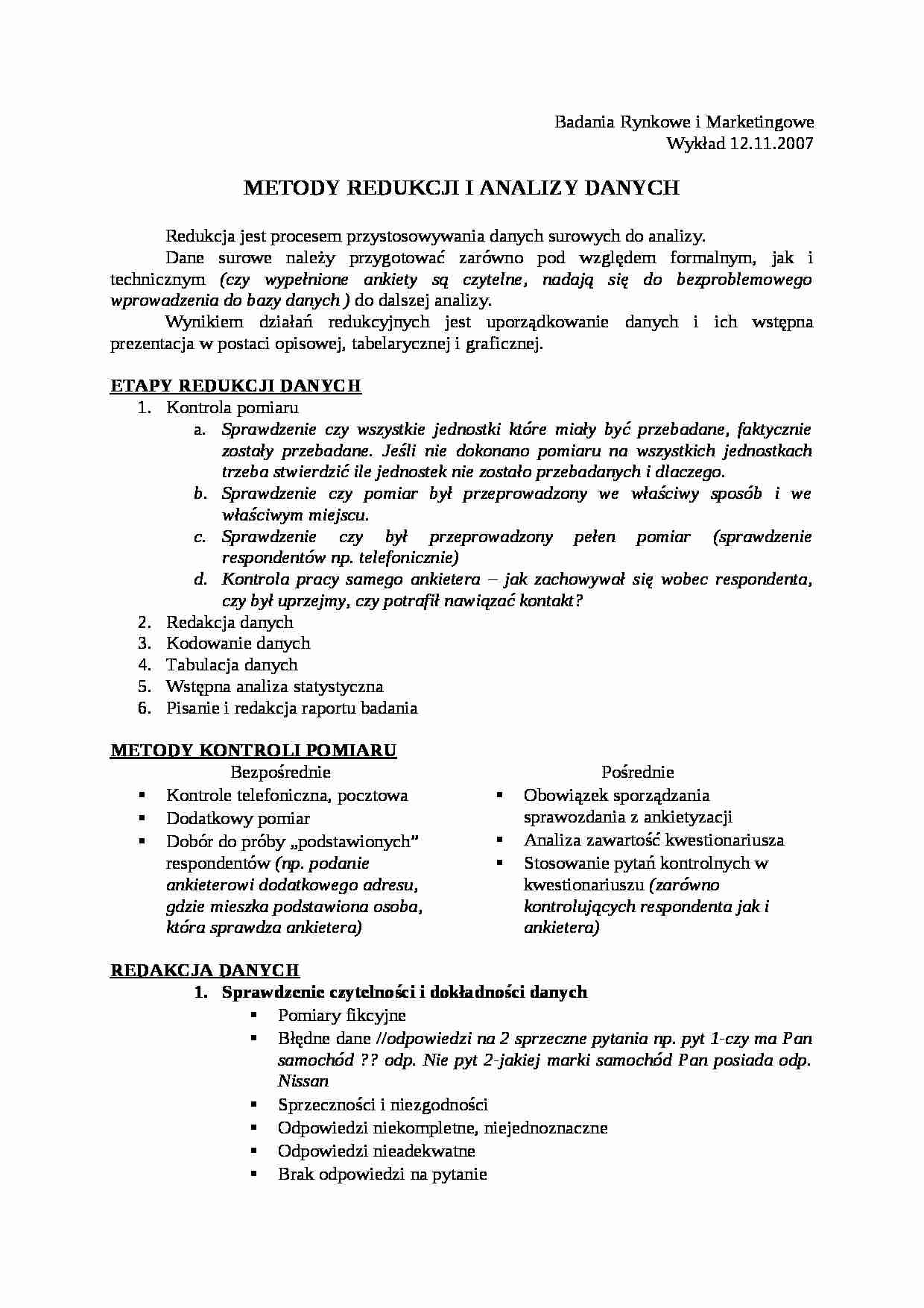 METODY REDUKCJI I ANALIZY DANYCH - strona 1