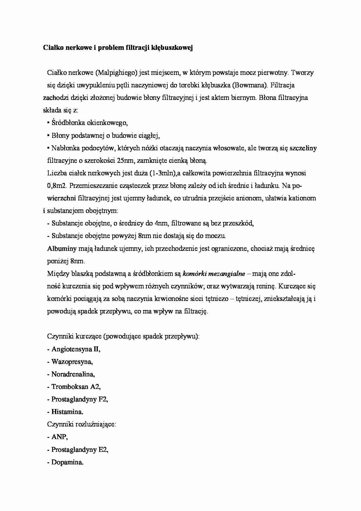 Ciałko nerkowe i problem filtracji kłębuszkowej - omówienie - strona 1