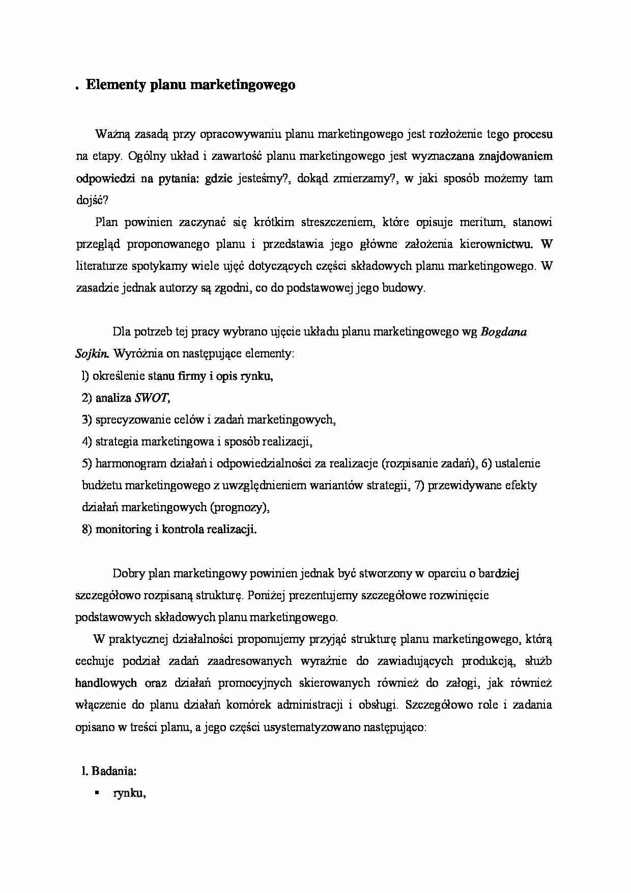 Elementy planu marketingowego - strona 1