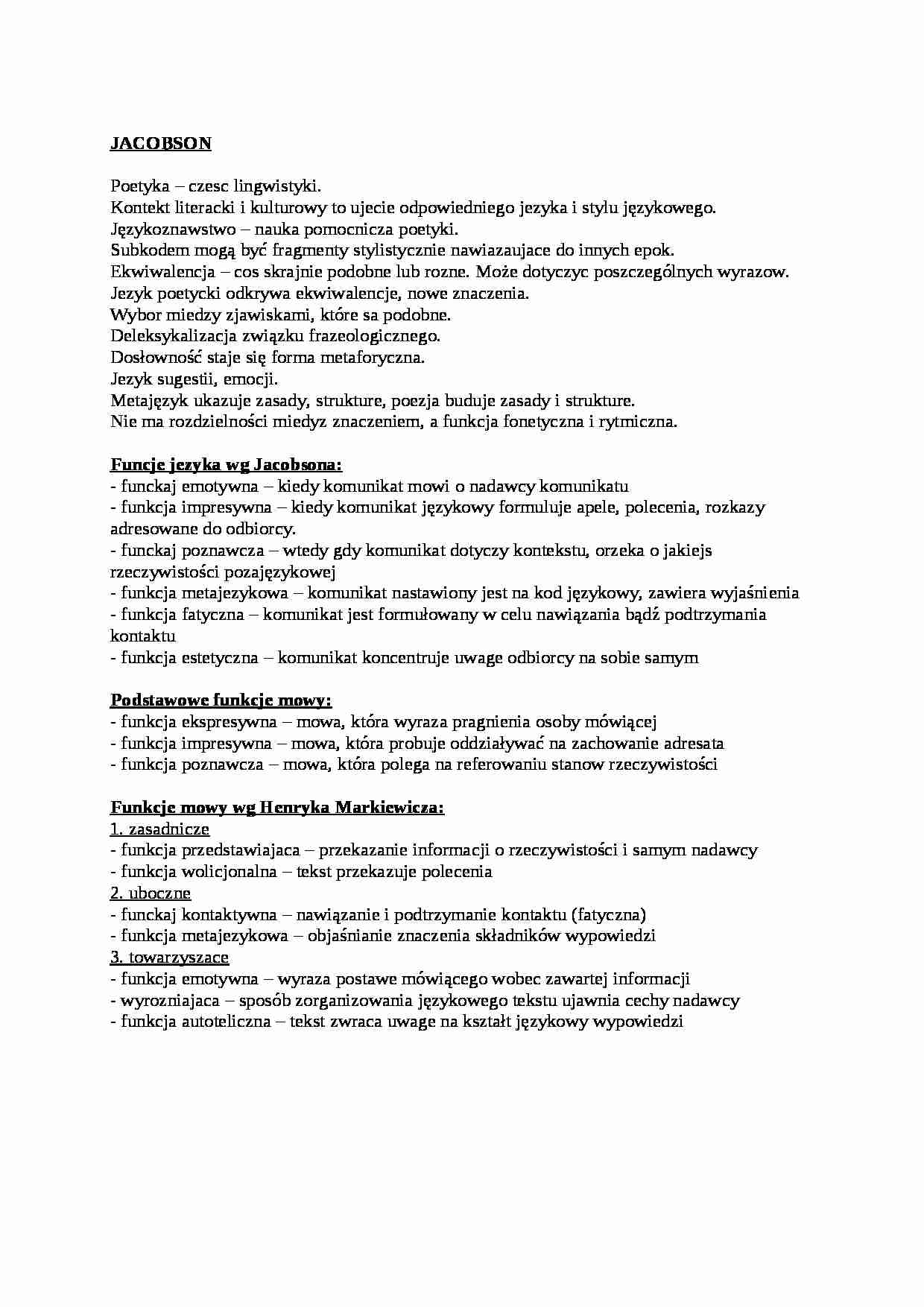 Jacobson, funkcje języka i mowy - wykład - strona 1