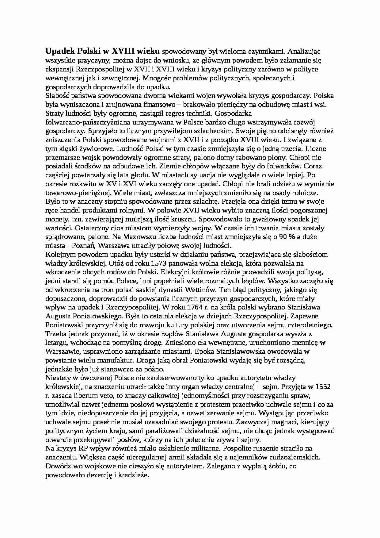 Upadek Polski w XVIII wieku - wykład - strona 1