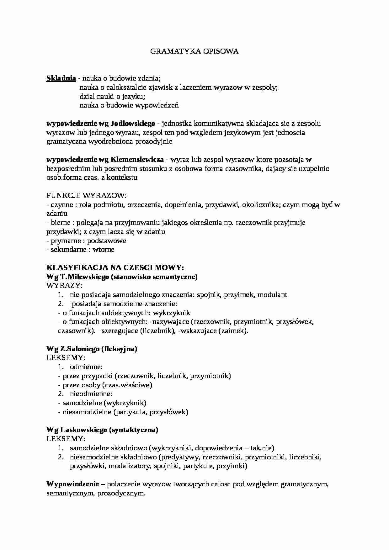 Podstawowe zagadnienia z gramatyki opisowej - wykład - strona 1