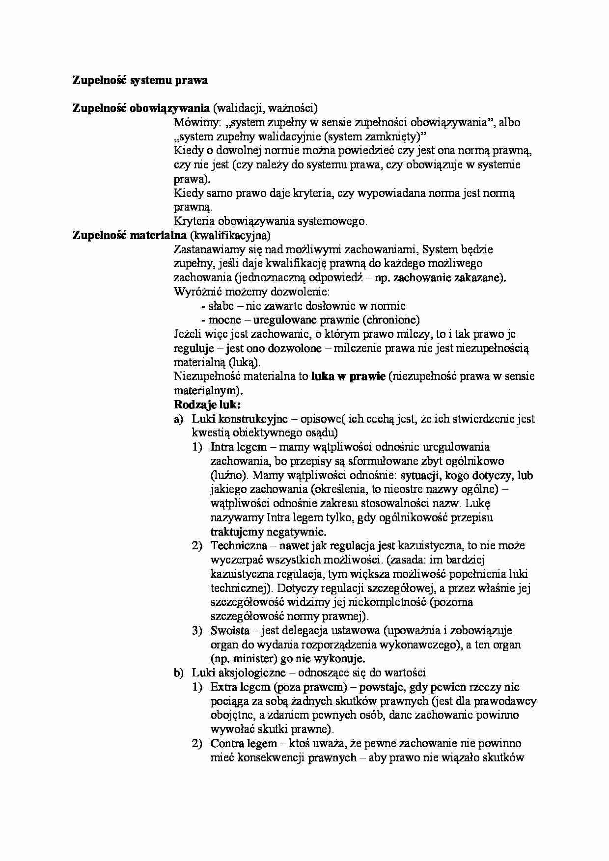Zupełność systemu prawa - wykład - strona 1