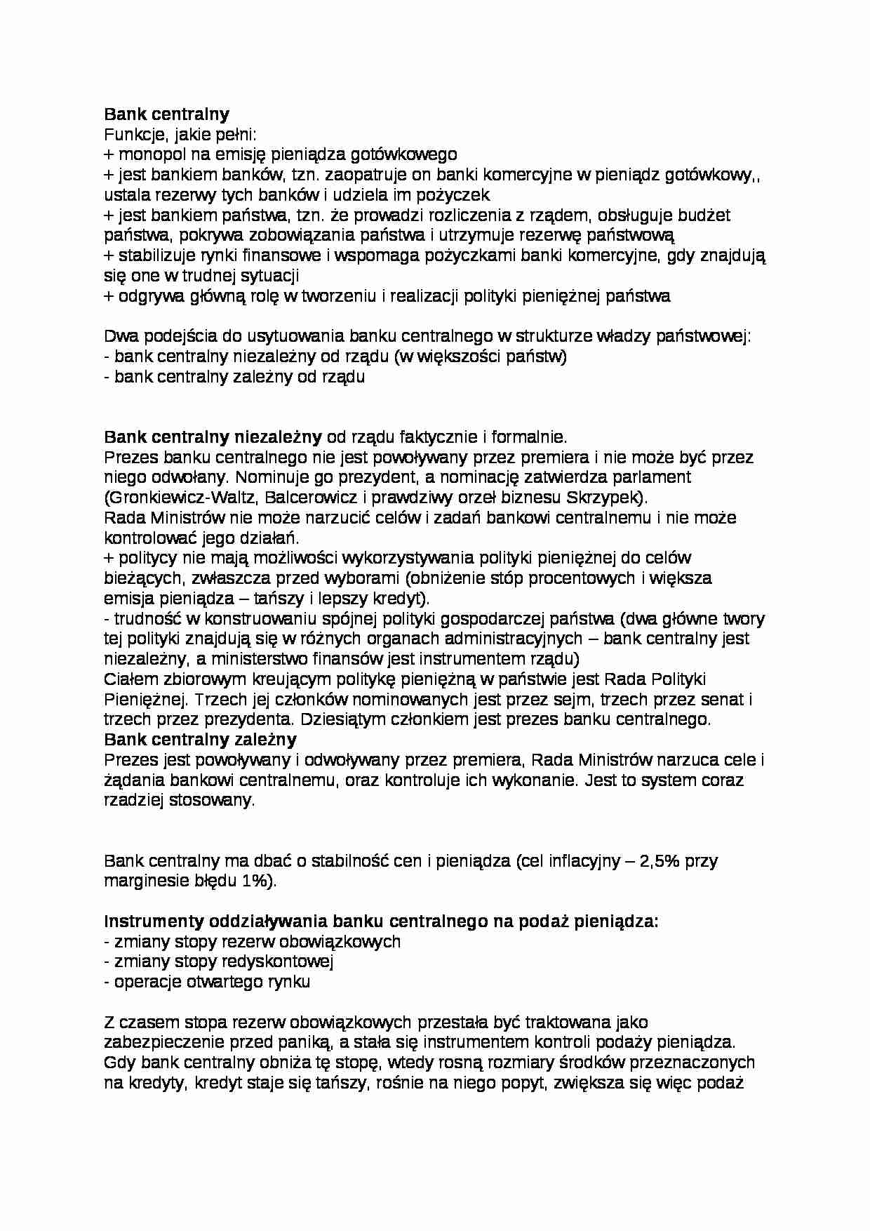 Bank centralny - wykład - funkcje - strona 1