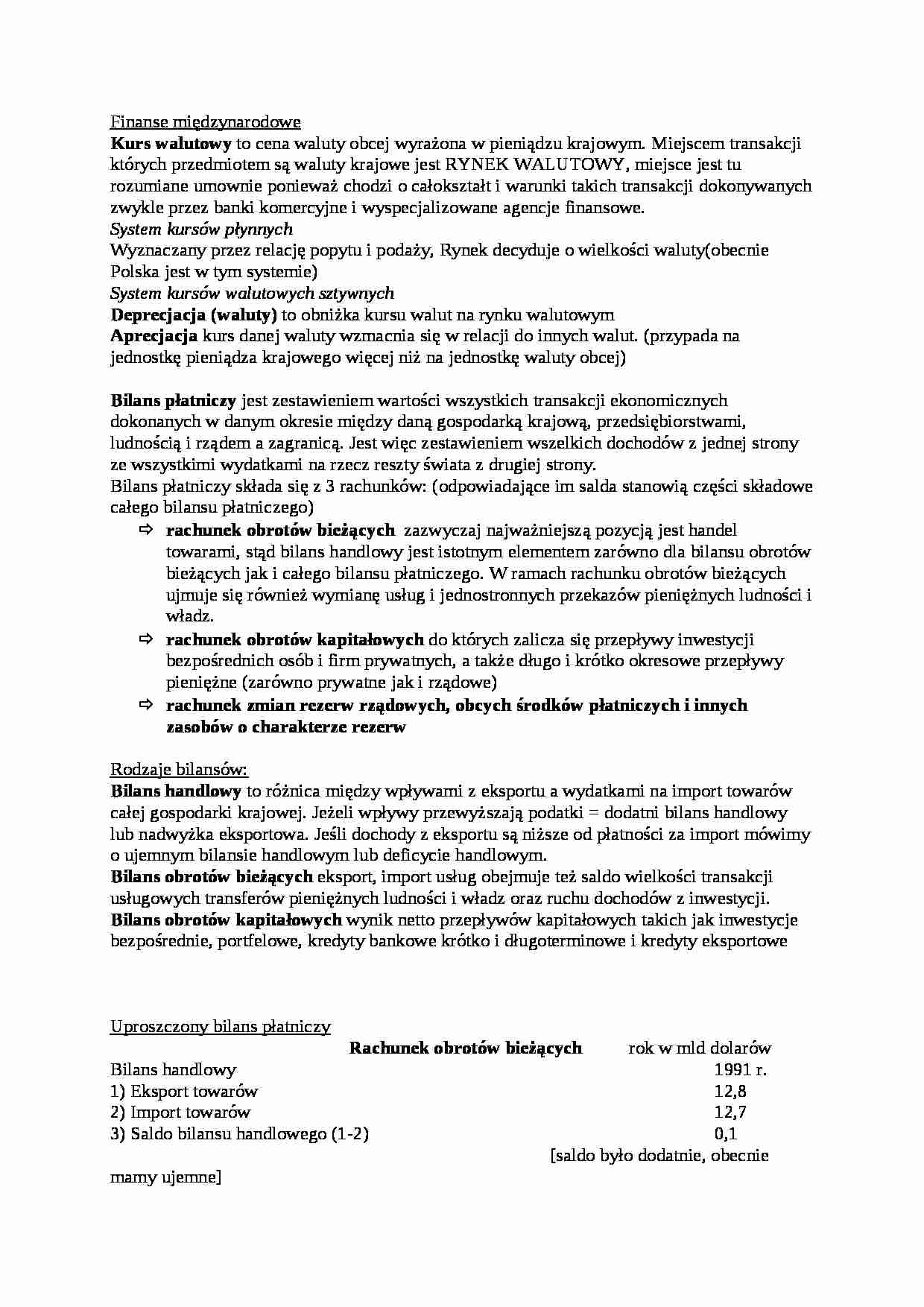 Finanse międzynarodowe i bilans płatniczy - wykład - strona 1