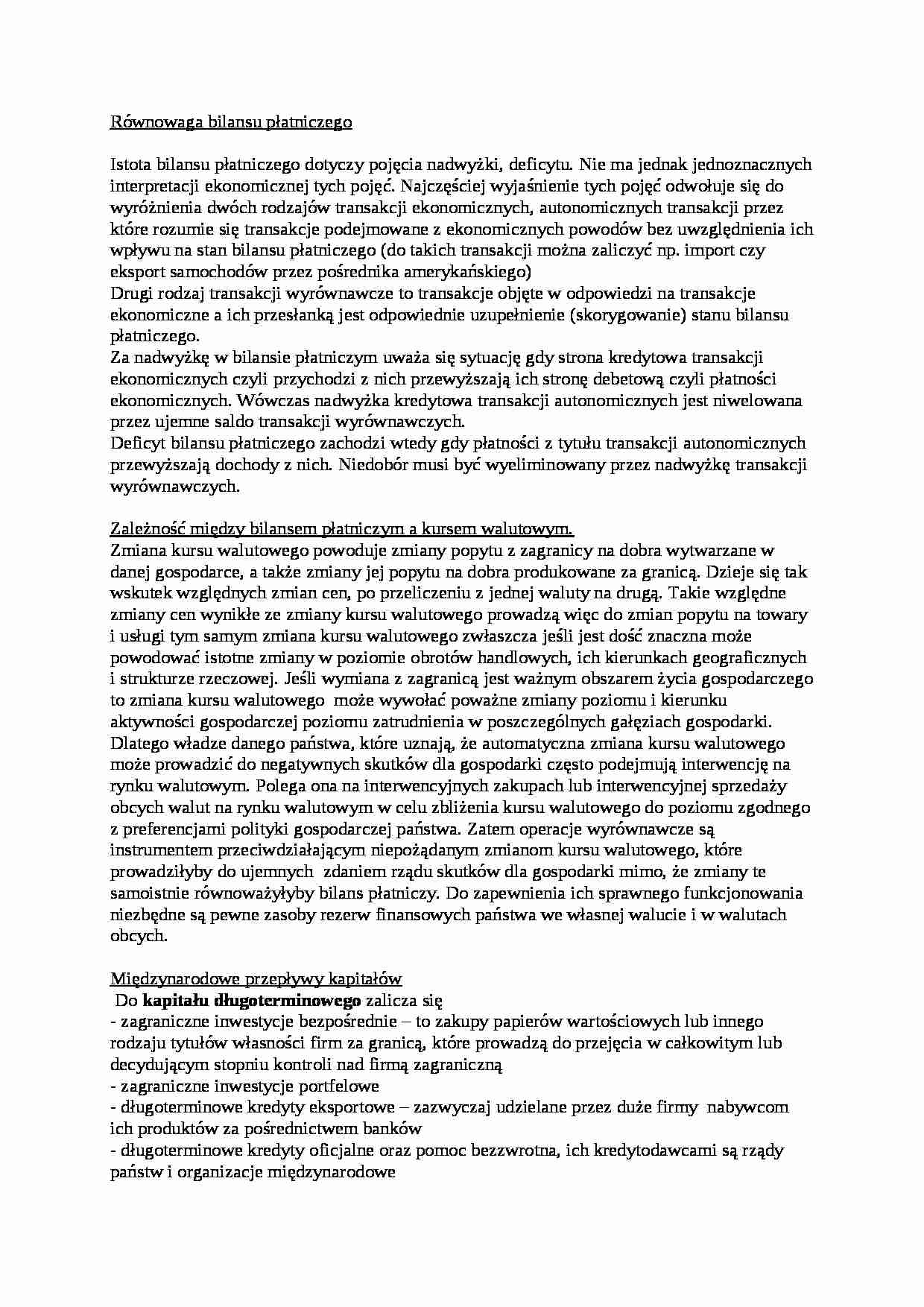 Równowaga bilansu płatniczego, kurs walutowy, kapitał - wykład - strona 1
