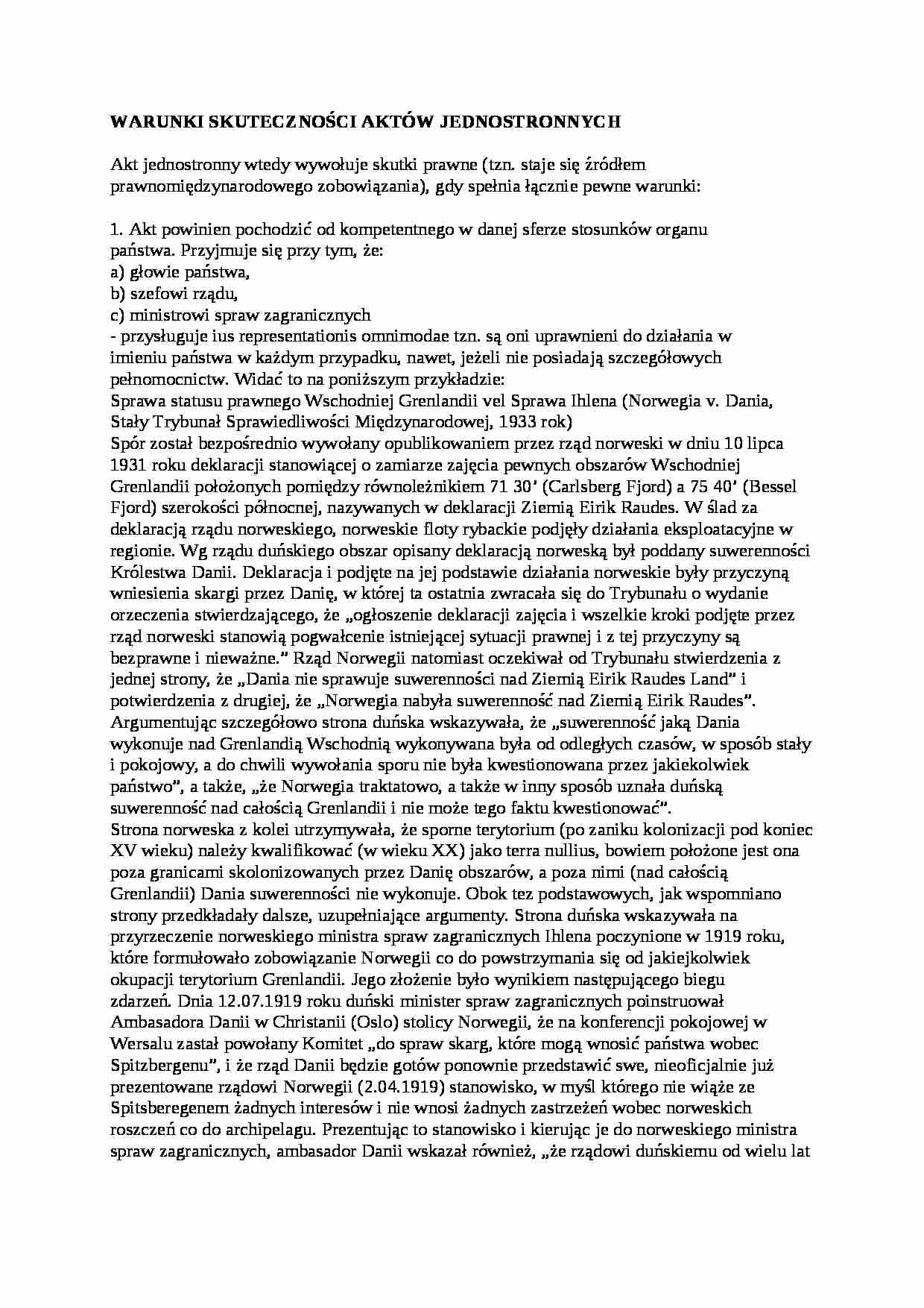 Warunki skuteczności aktów jednostronnych - wykład - strona 1