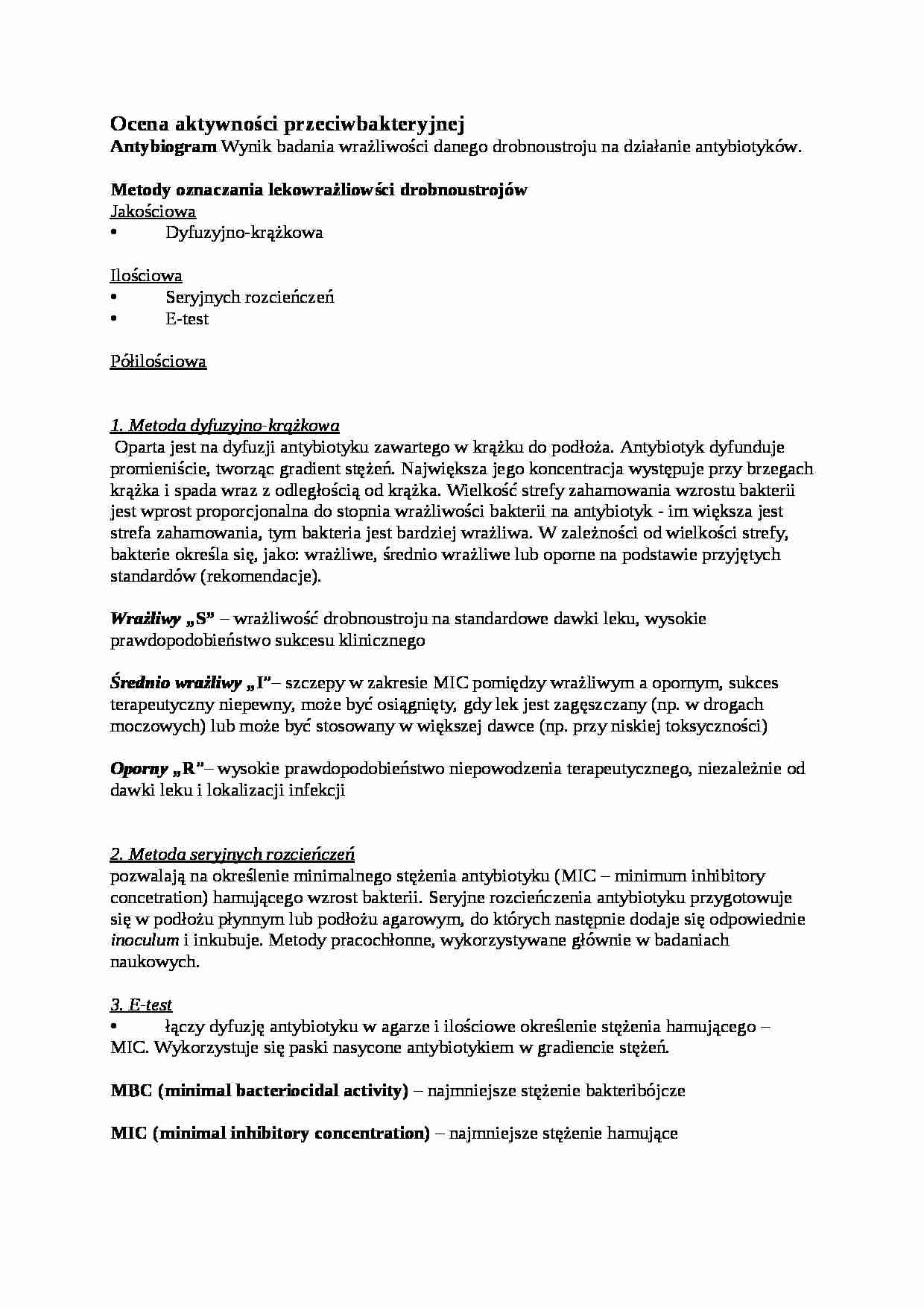 Ocena aktywności przeciwbakteryjnej - wykład - strona 1