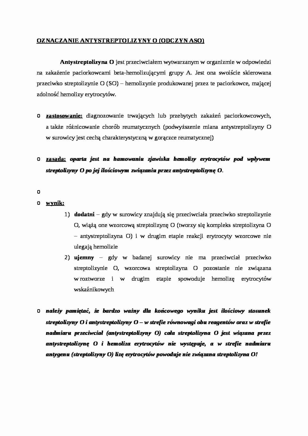 Techniki immunologiczne - Oznaczanie antystreptolizyny (odczyn ASO) - wykład - strona 1