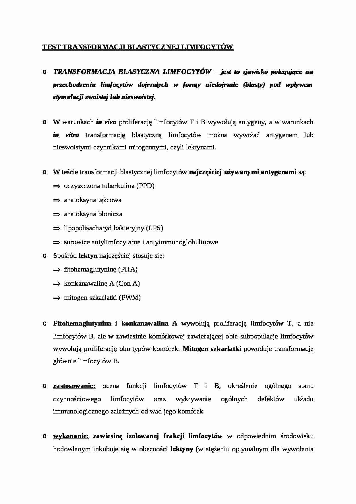 Techniki oceny funkcjonowania komórek - test transformacji blastycznej limfocytów - strona 1