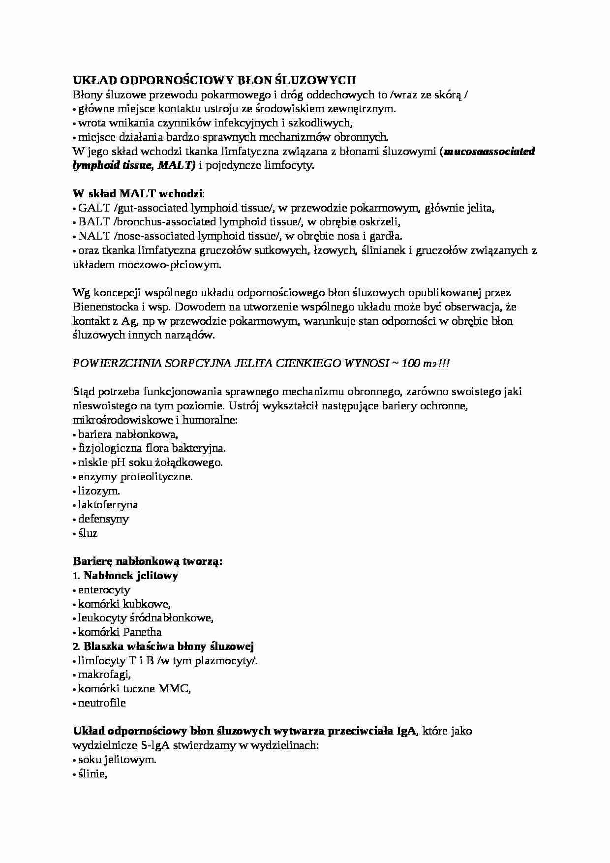 Układ odpornościowy błon śluzowych - wykład  - strona 1