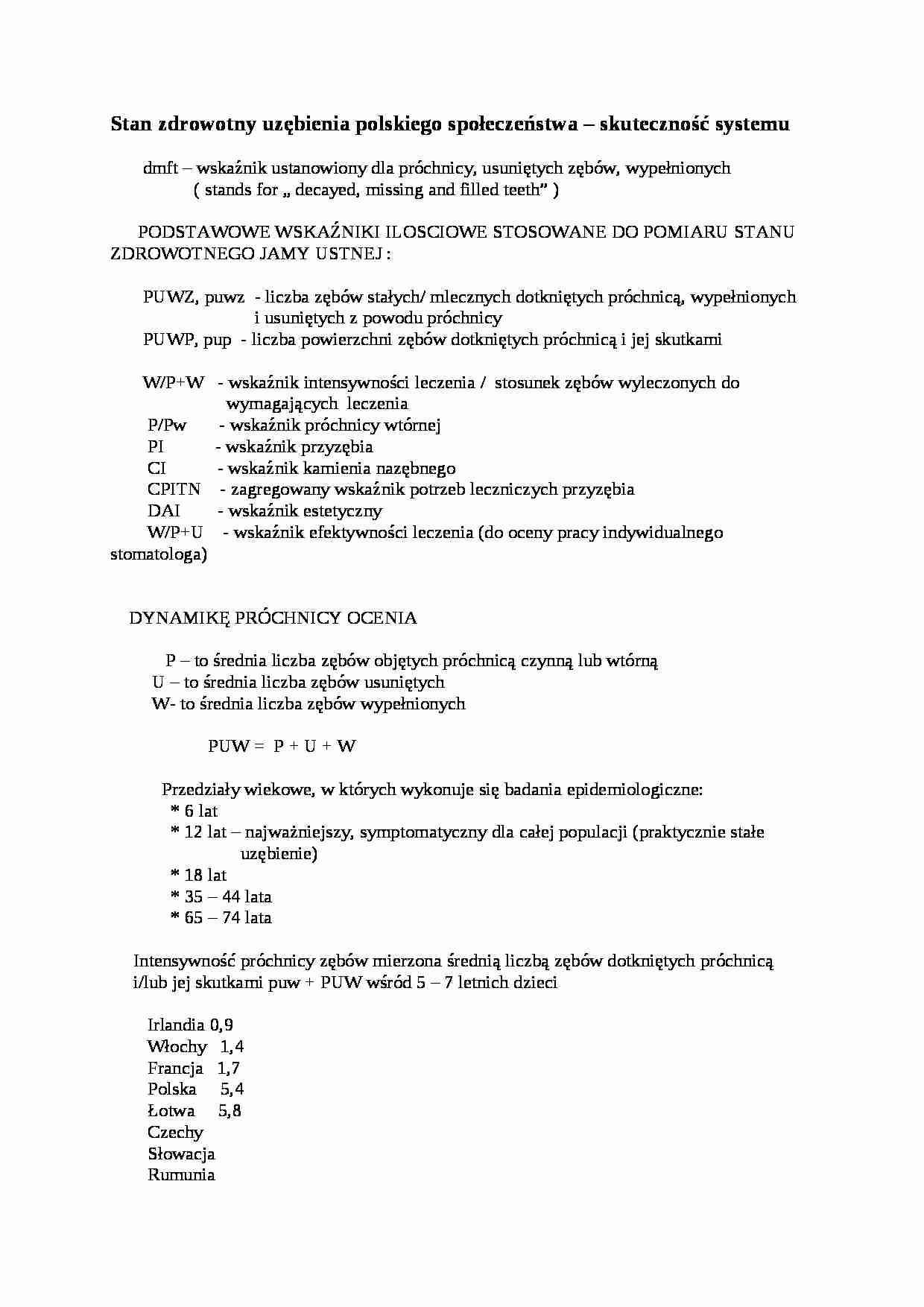 Wykład - Stan zdrowotny uzębienia polskiego społeczeństwa - skuteczność systemu - strona 1