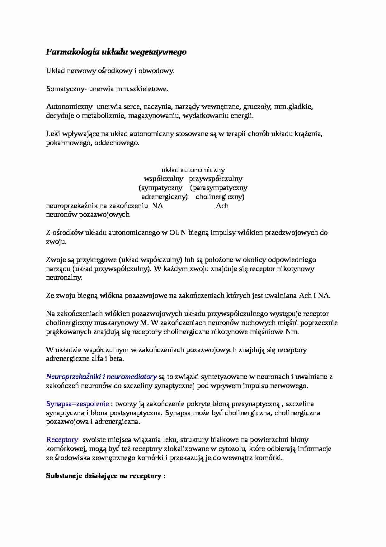 Farmakologia układu wegetatywnego - wykład - strona 1