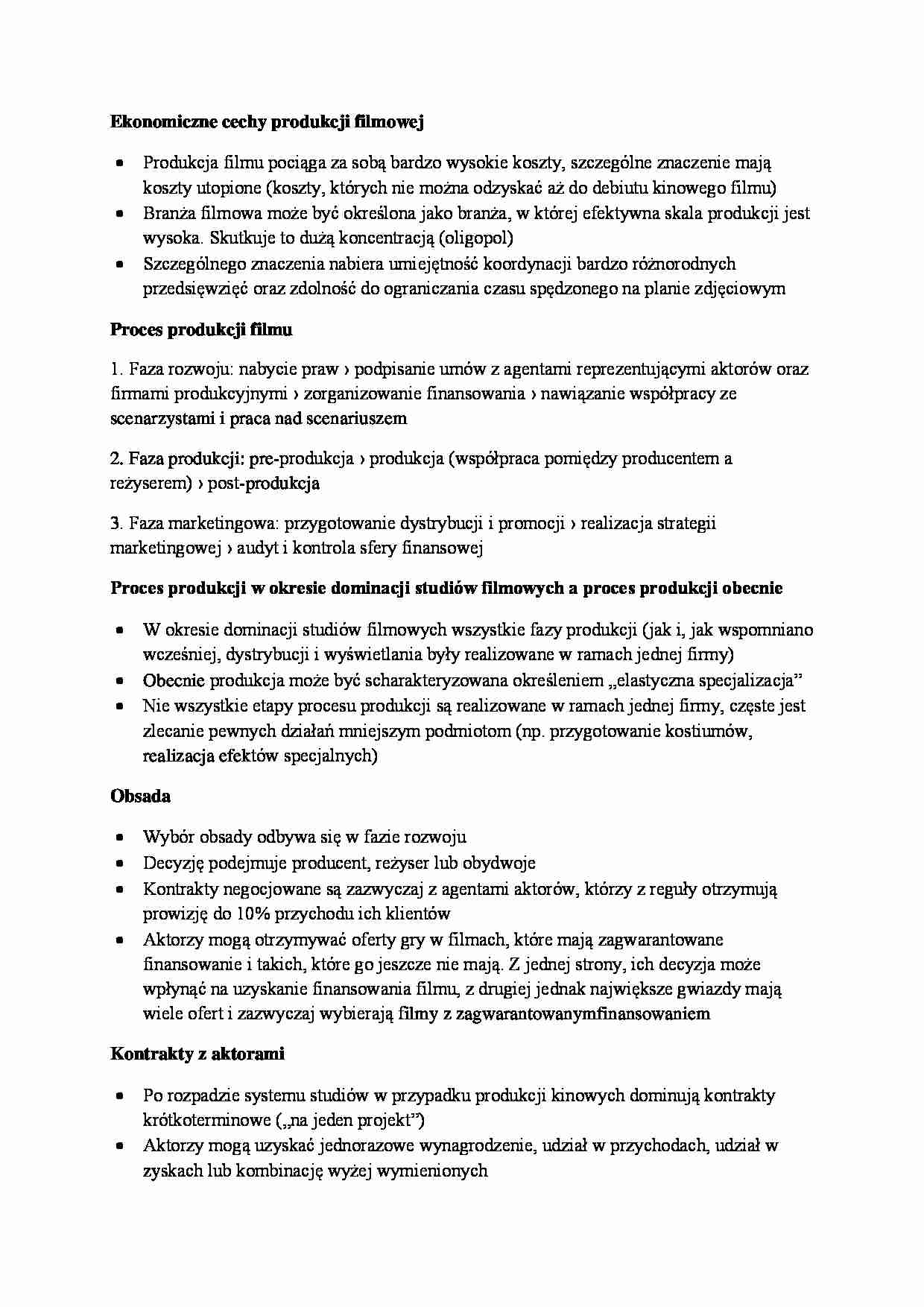 Ekonomiczne cechy produkcji filmowej - wykład - strona 1