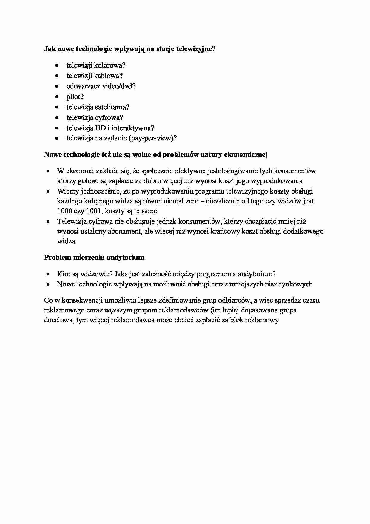 Wpływ nowych technologii na stacje telewizyjne, problemy natury ekonomicznej - wykład - strona 1