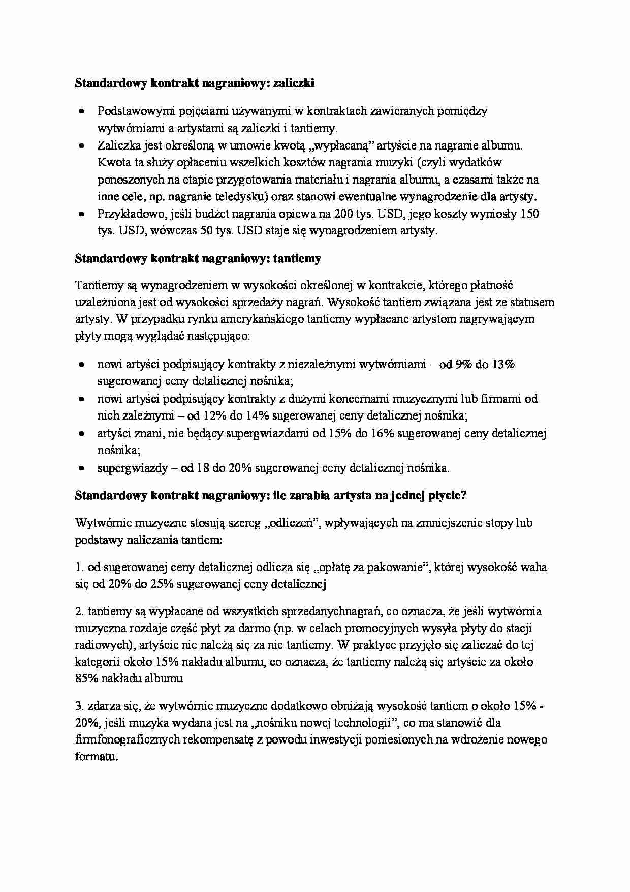 Standardowy kontrakt nagraniowy, tentiem, zaliczka - wykład - strona 1