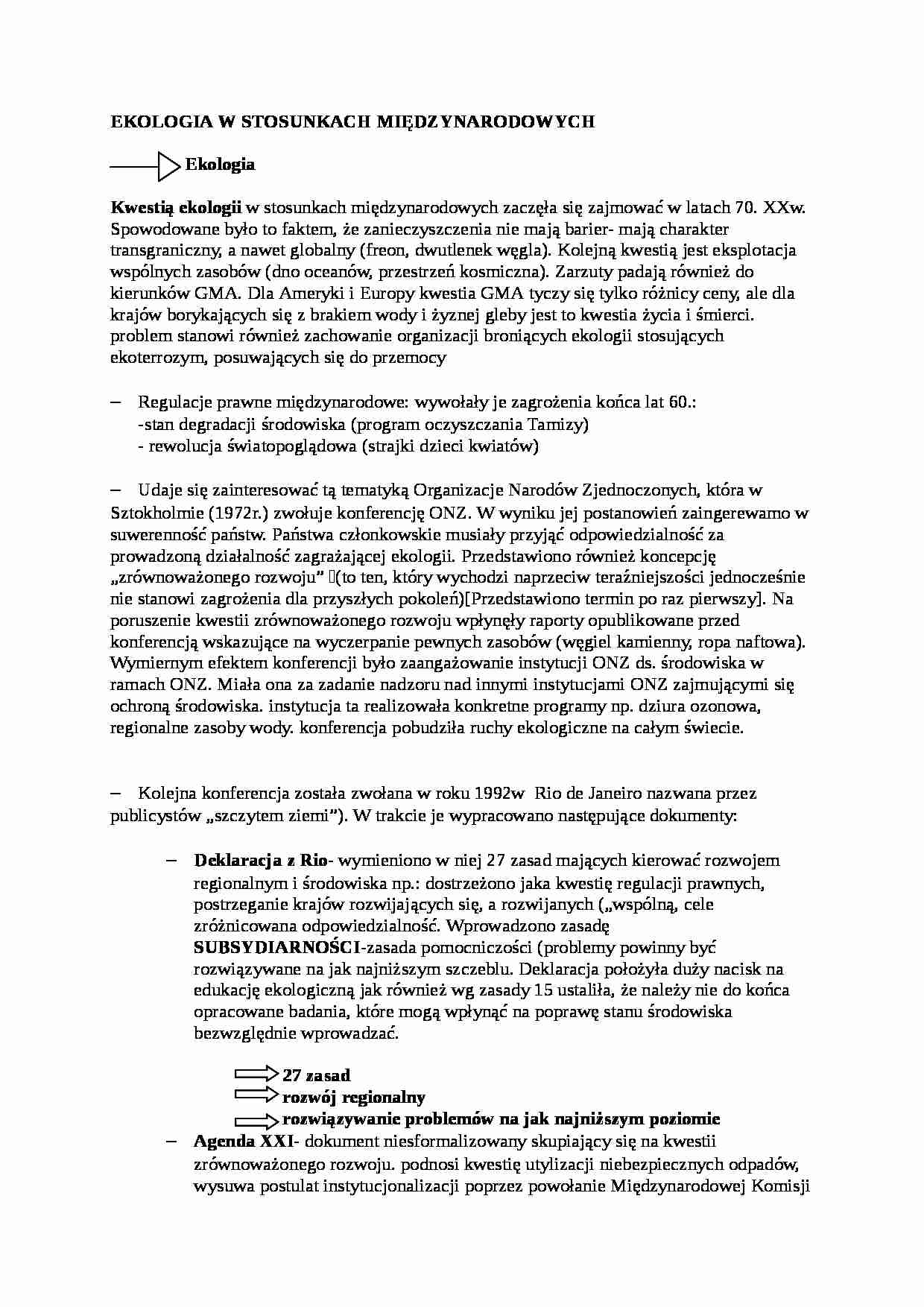Ekologia w stosunkach międzynarodowych - wykład - strona 1