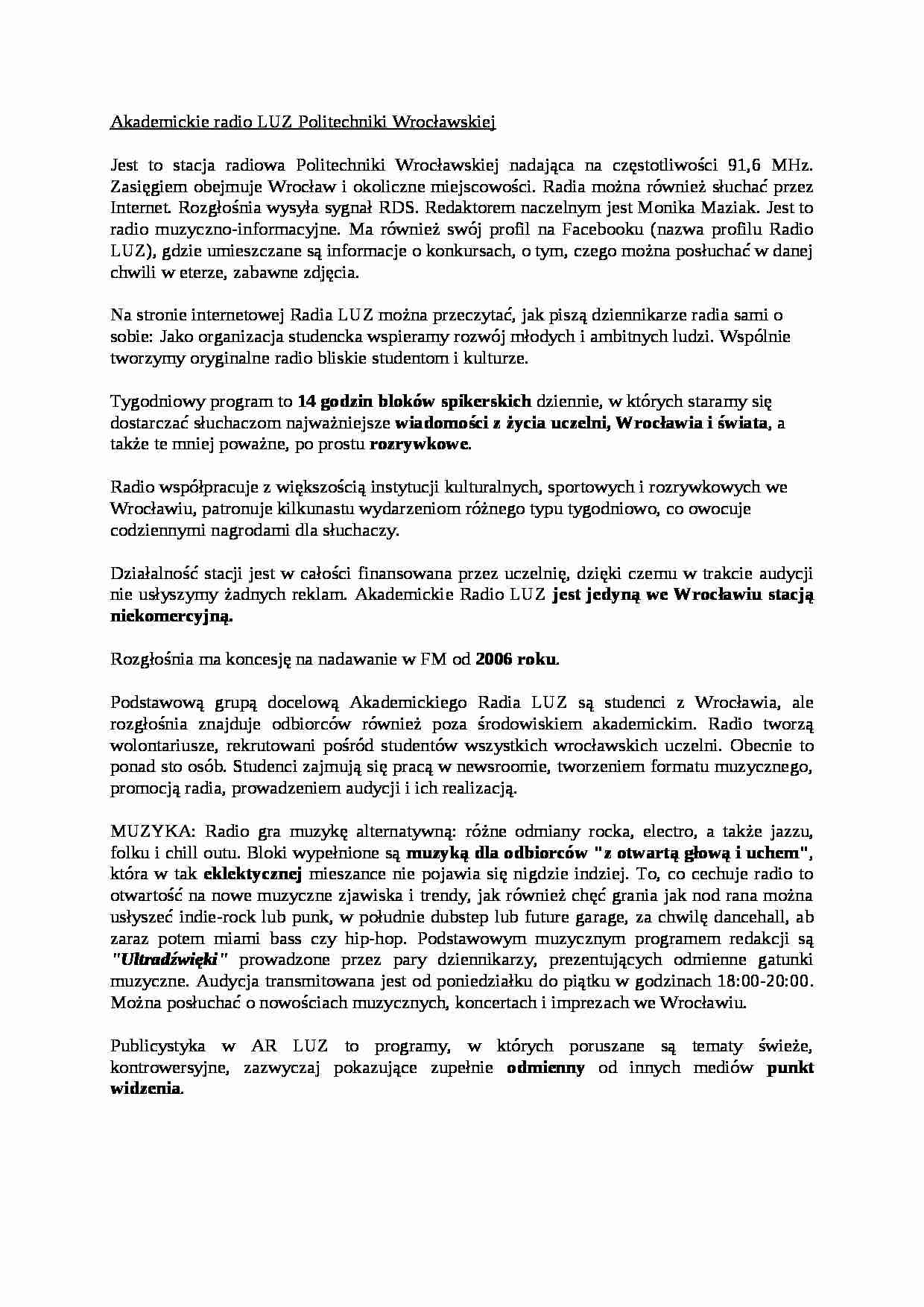 Akademickie radio LUZ Politechniki Wrocławskiej - wykład  - strona 1