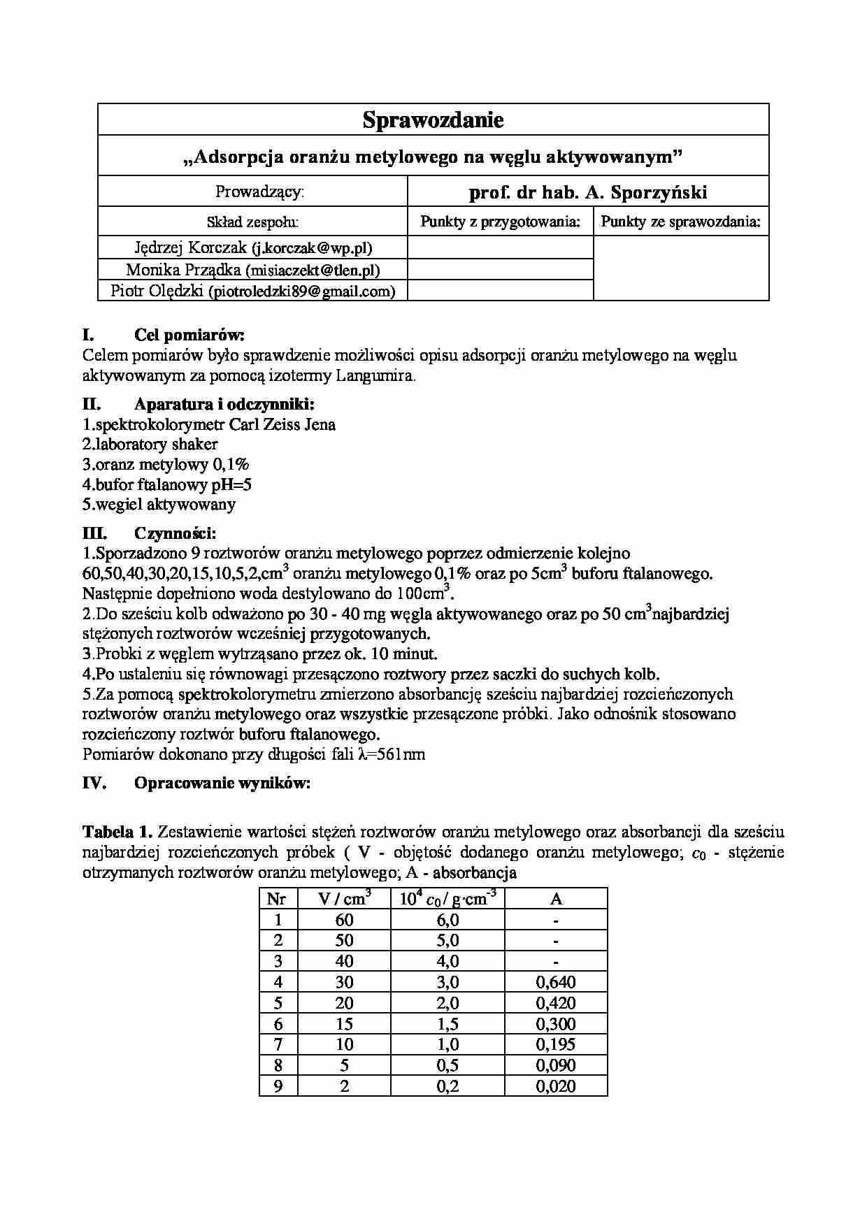 adsorpcja - teoria izotermy Langmuira -  sprawozdanie - strona 1