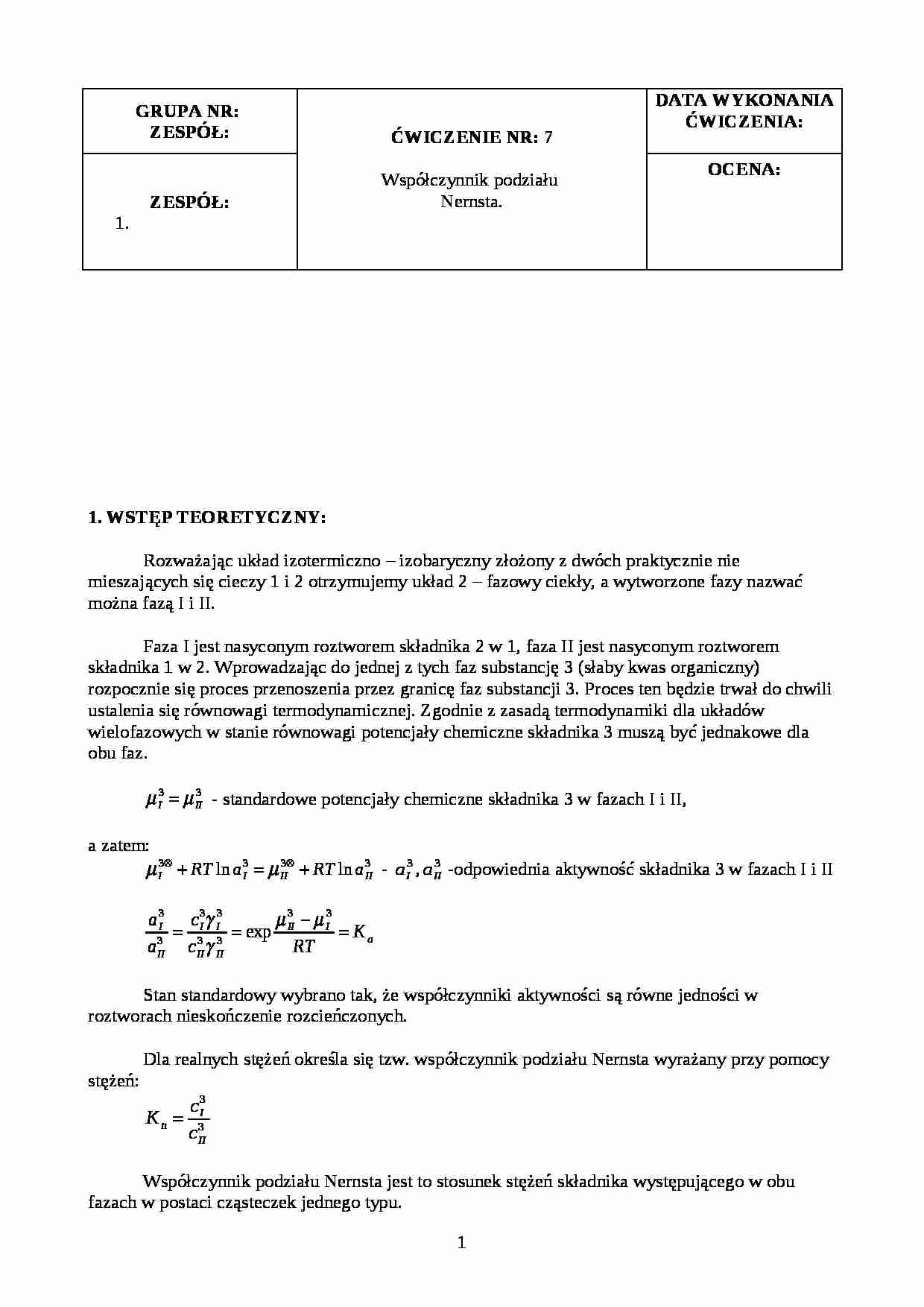 Współczynnik podziału  Nernsta - omówienie - strona 1